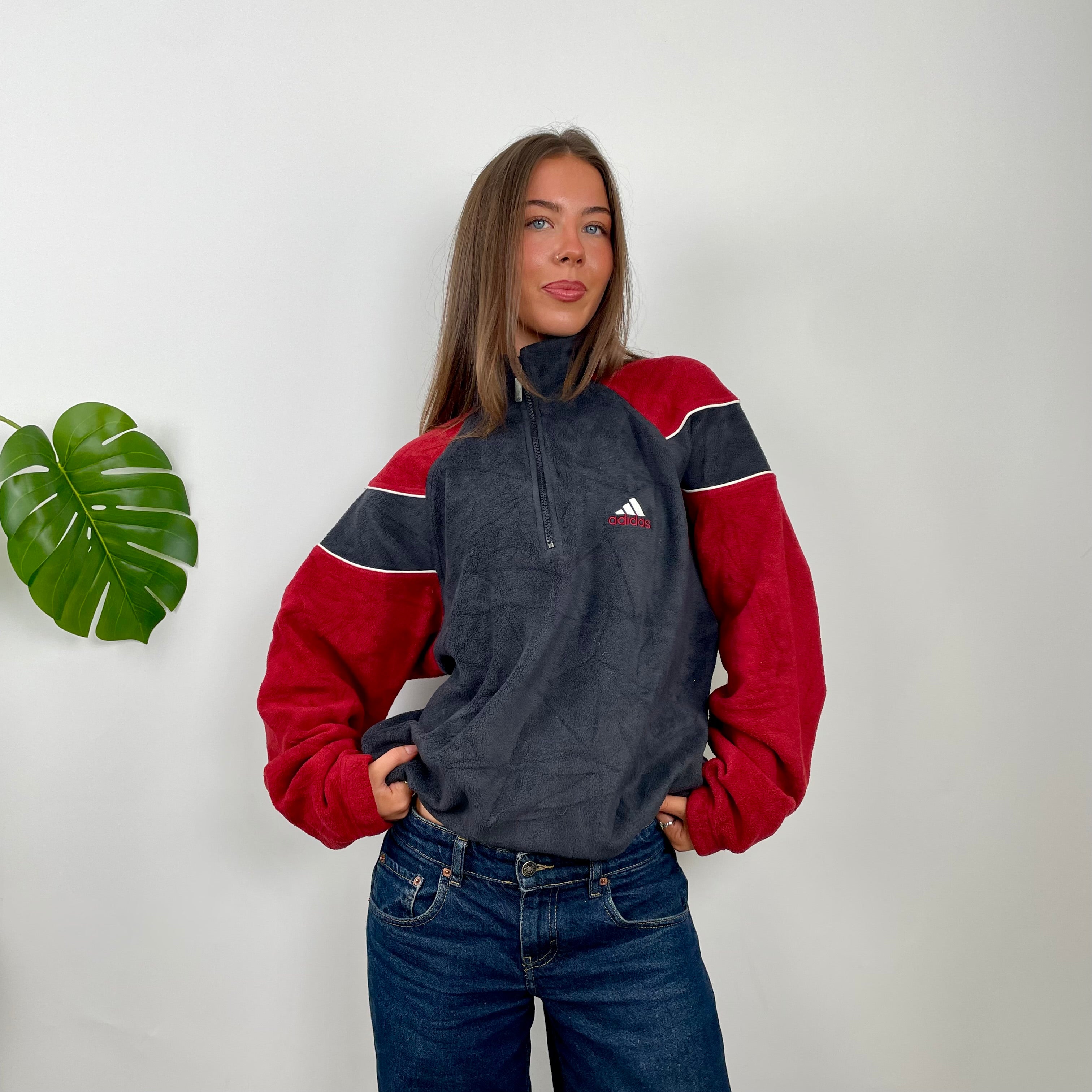 Adidas Black Colour Block Embroidered Spell Out Teddy Bear Fleece Quarter Zip Sweatshirt (XL)