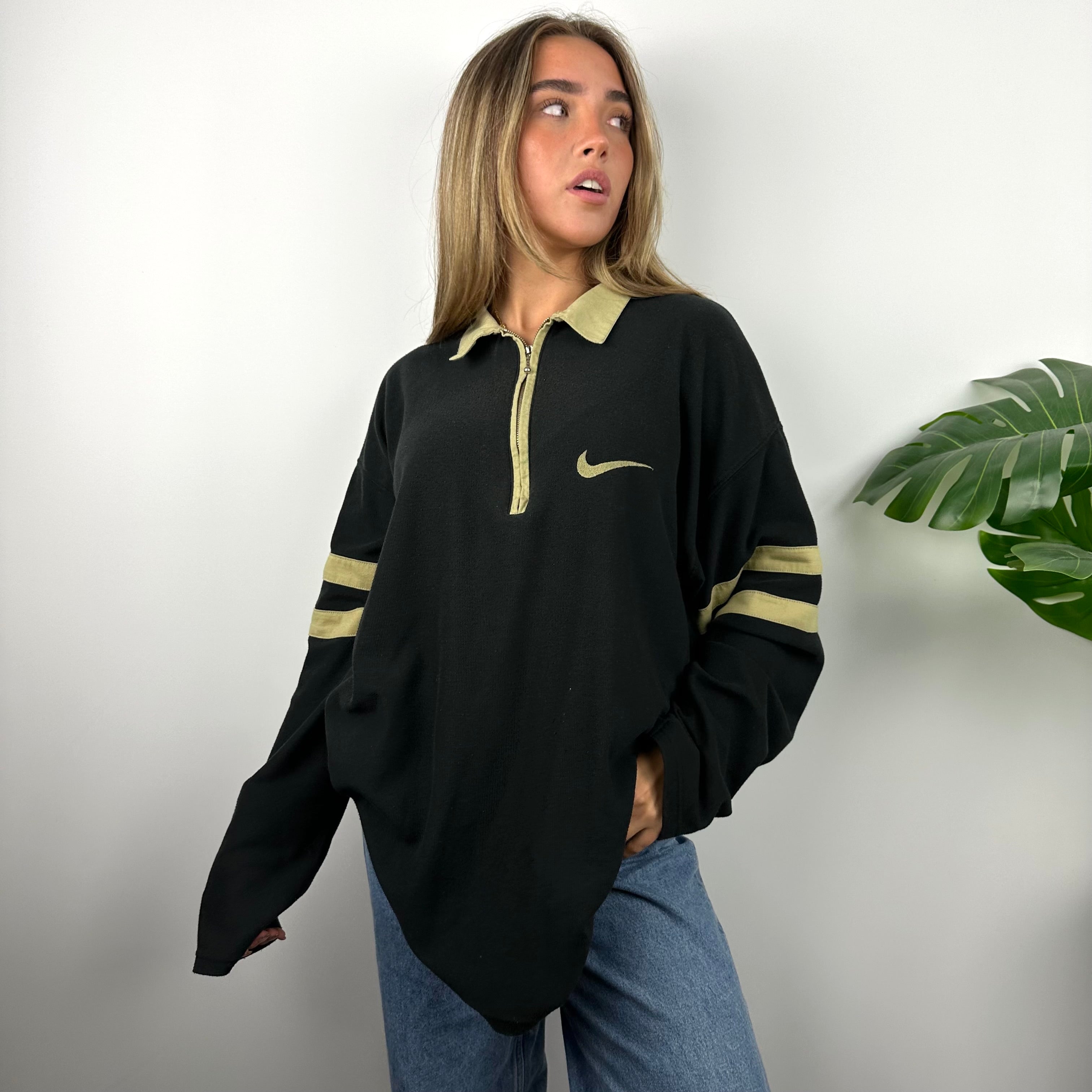 Nike RARE Black Embroidered Swoosh Quarter Zip (XXL) â Jamie Online Vintage