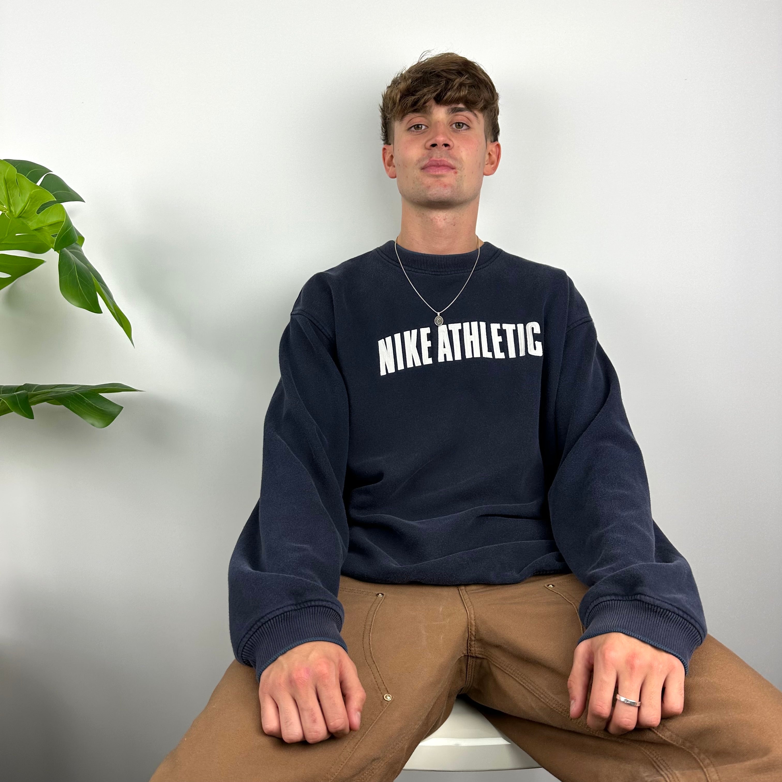 Nike Athletic RARE Navy Embroidered Spell Out Sweatshirt (XL)