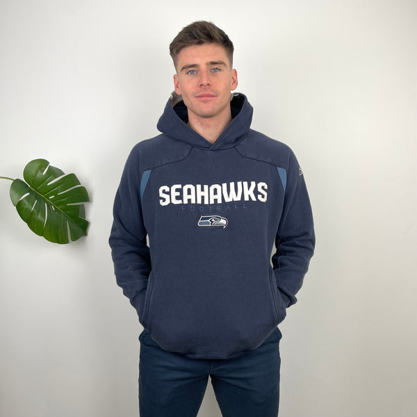NFL Seattle Seahawks Navy Embroidered Spell Out Sweatshirt (M)