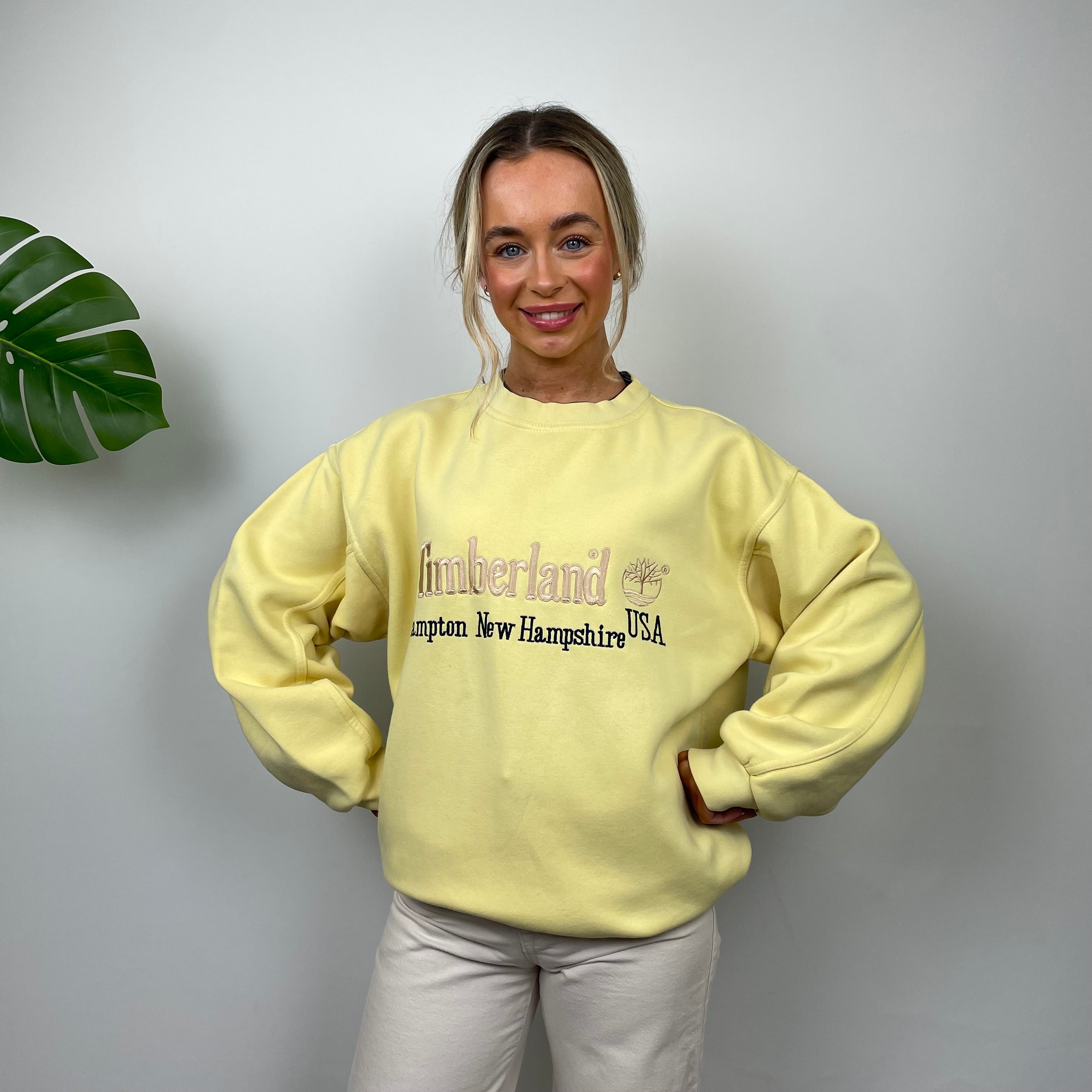 Timberland RARE Pastel Yellow Embroidered Spell Out Sweatshirt (XL)