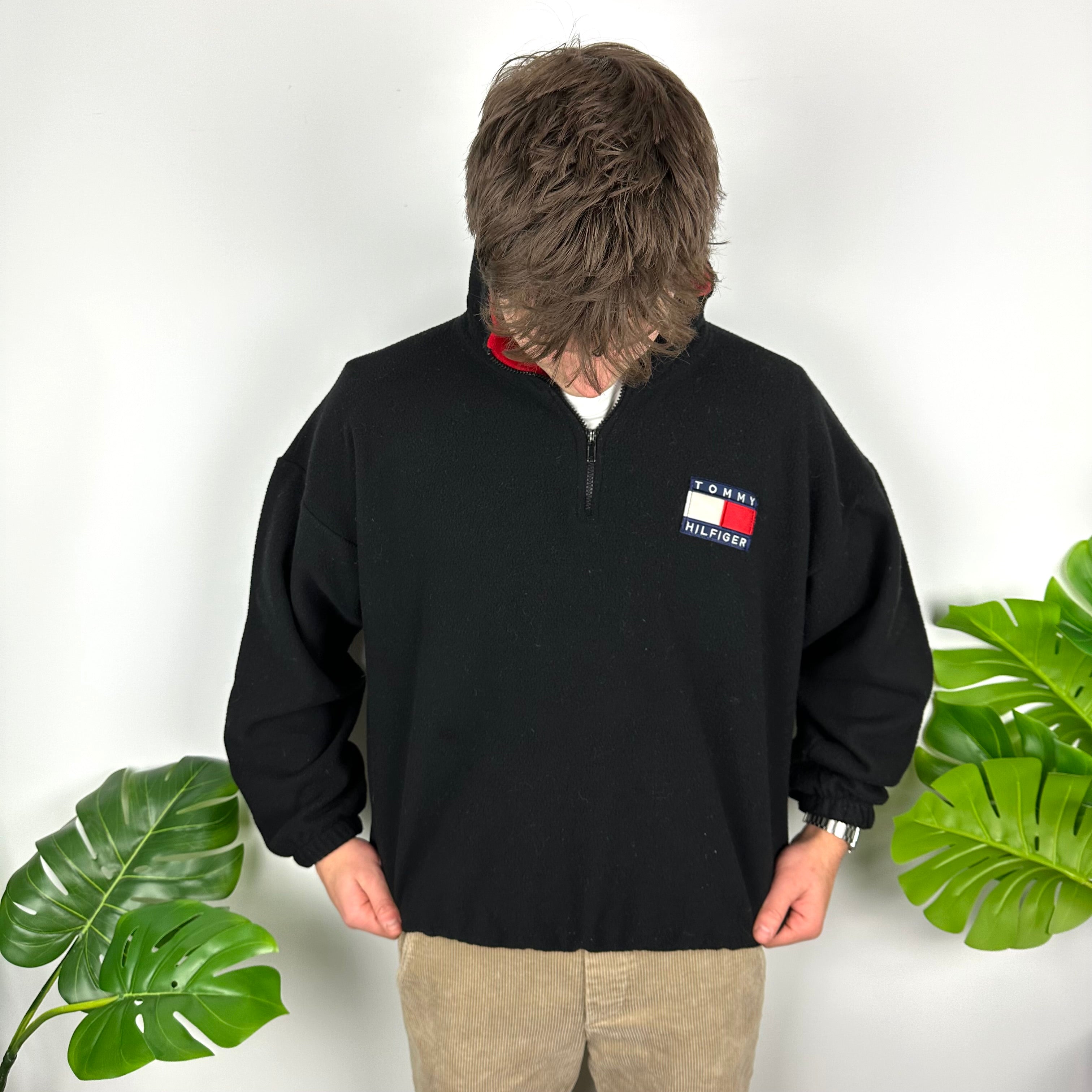 Tommy Hilfiger Black Embroidered Spell Out Teddy Bear Fleece Quarter Zip Sweatshirt (L)