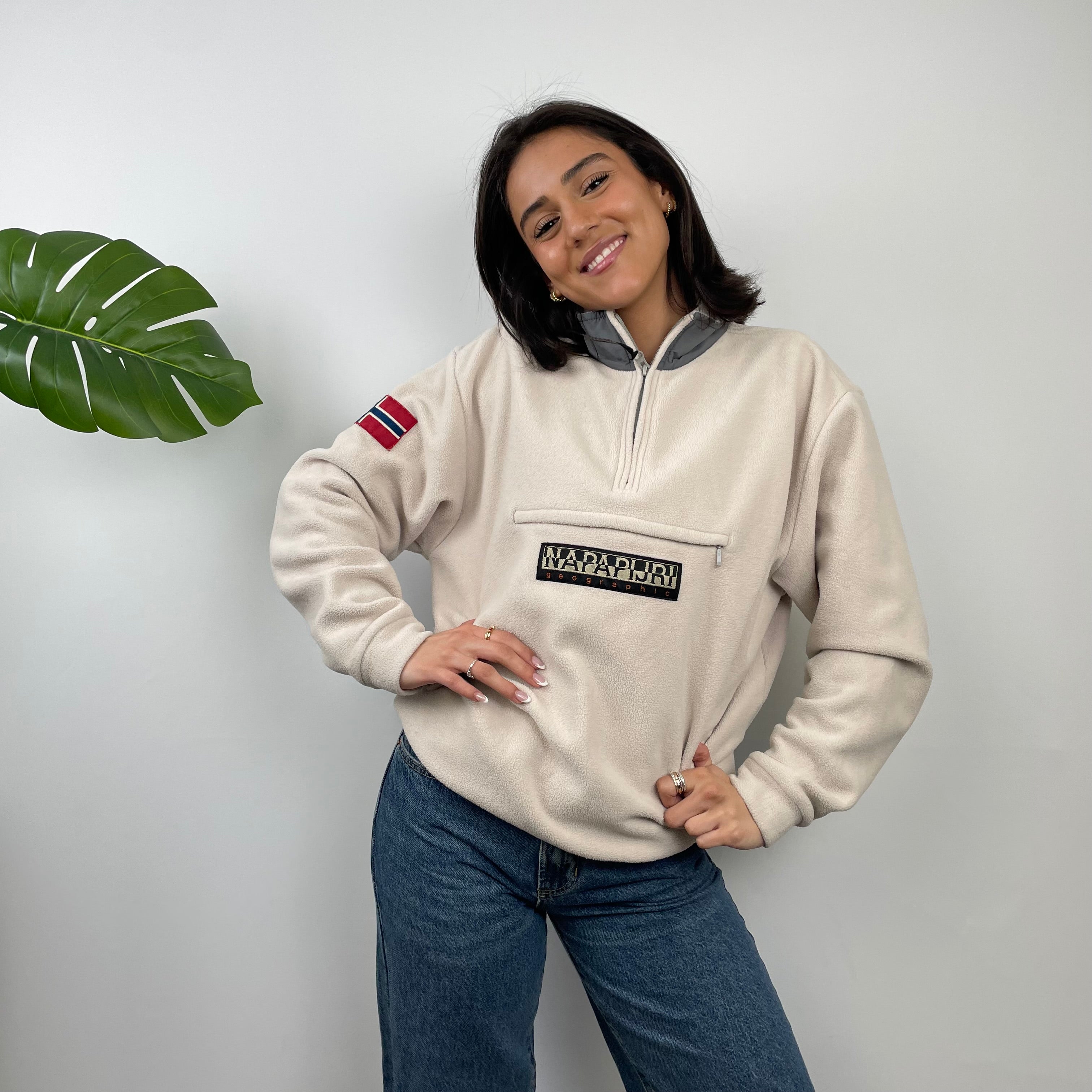 Napapijri Cream Embroidered Spell Out Teddy Bear Fleece Quarter Zip (M)