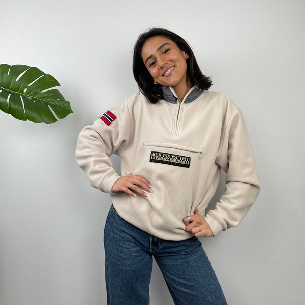 Napapijri Cream Embroidered Spell Out Teddy Bear Fleece Quarter Zip (M)