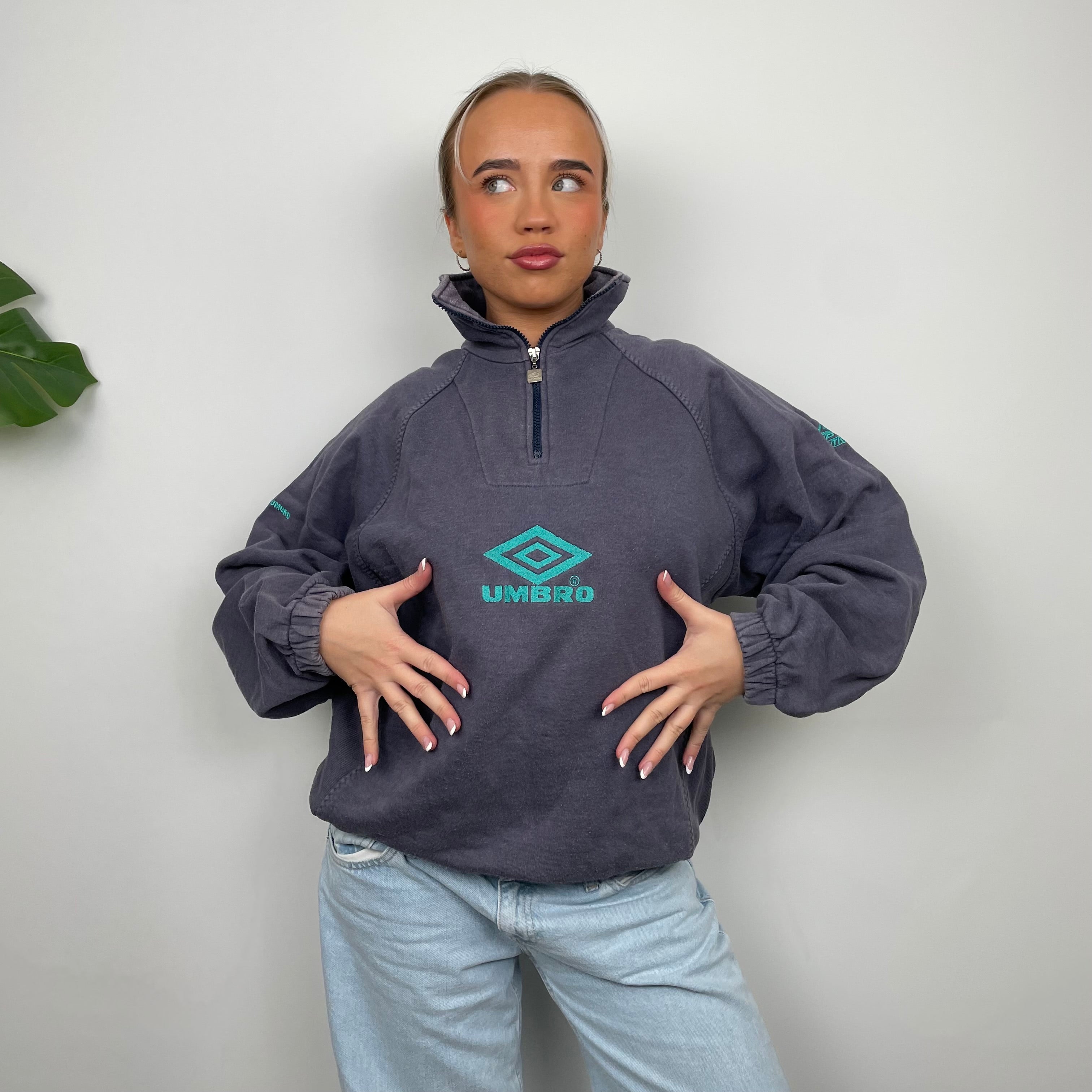 Umbro RARE Navy Embroidered Spell Out Quarter Zip Sweatshirt (L)