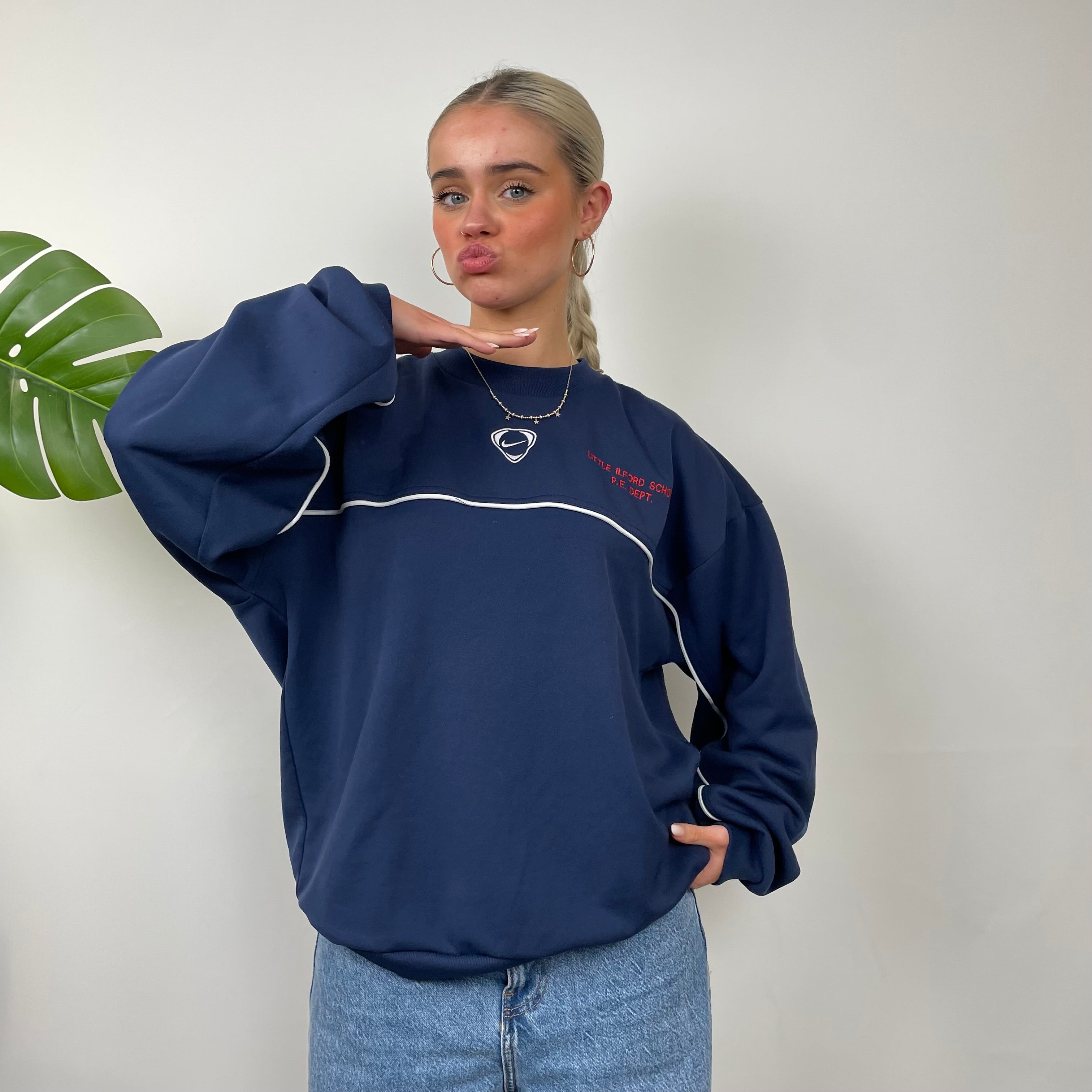 Nike RARE Navy Embroidered Swoosh Sweatshirt (M)