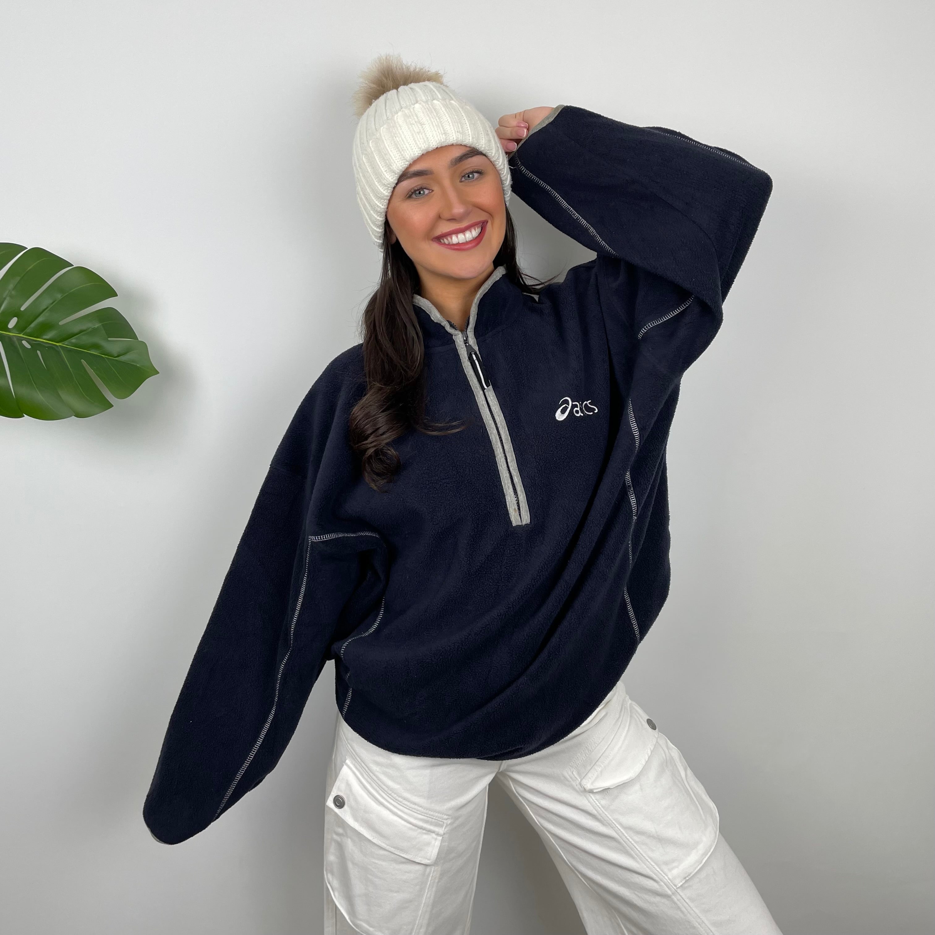 ASICS Navy Embroidered Spell Out Teddy Bear Fleece Quarter Zip Sweatshirt (XL)