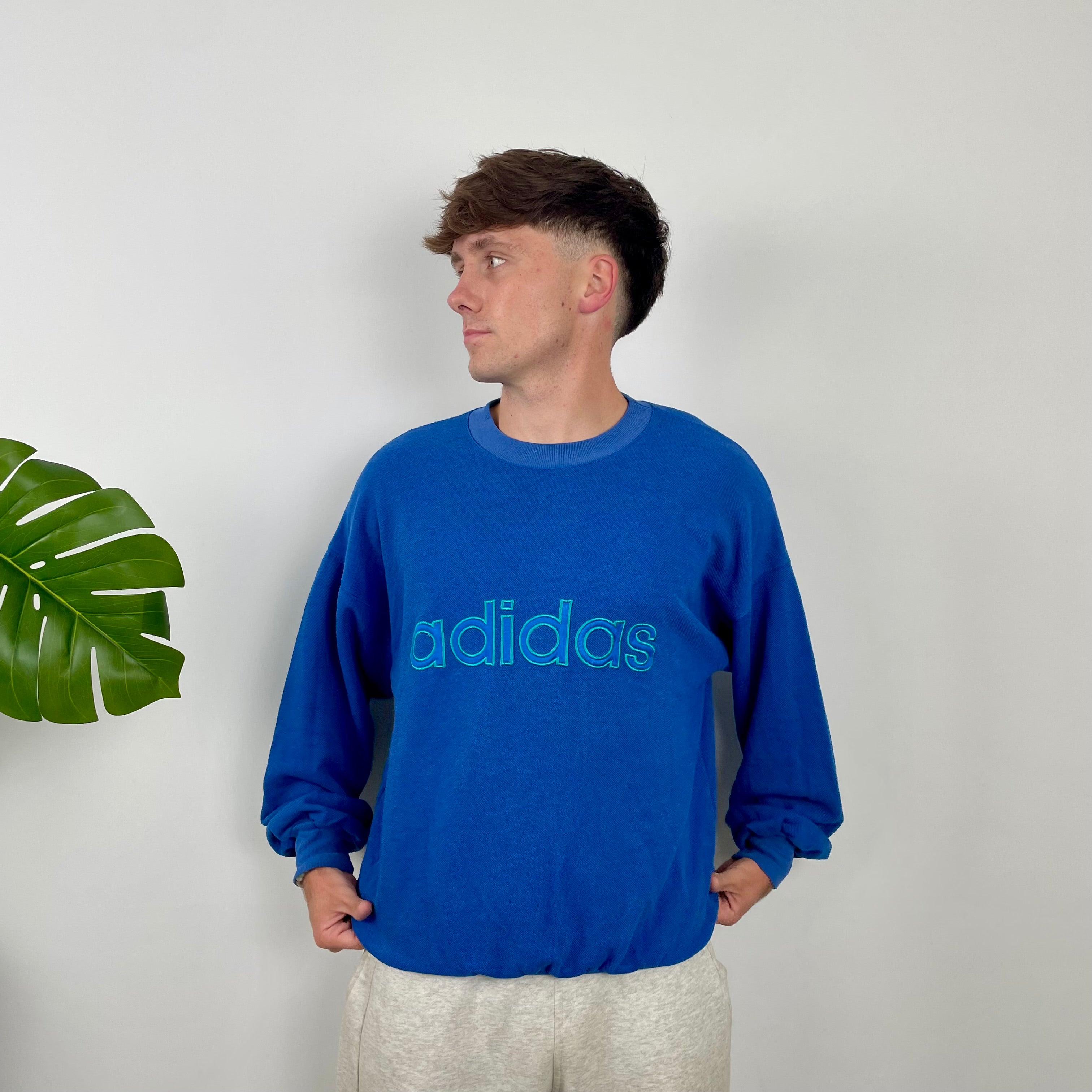 Adidas Blue Embroidered Spell Out Sweatshirt (M)