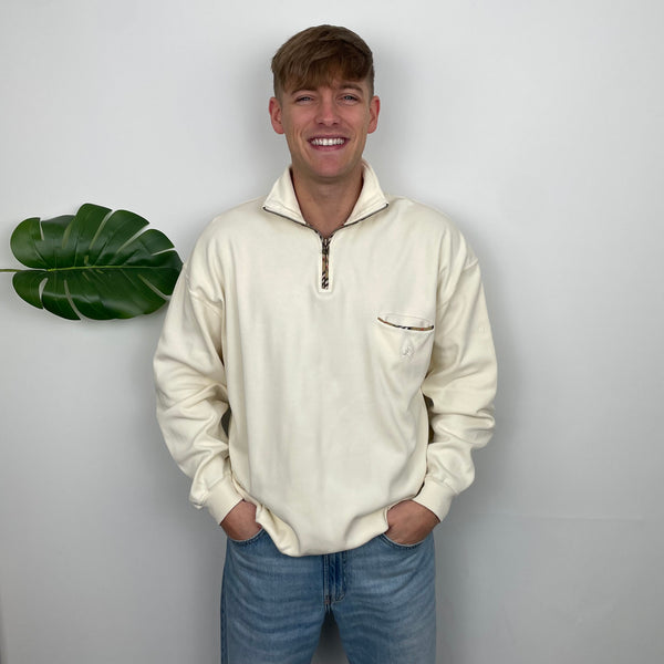Burberry Cream Embroidered Spell Out Quarter Zip (L)