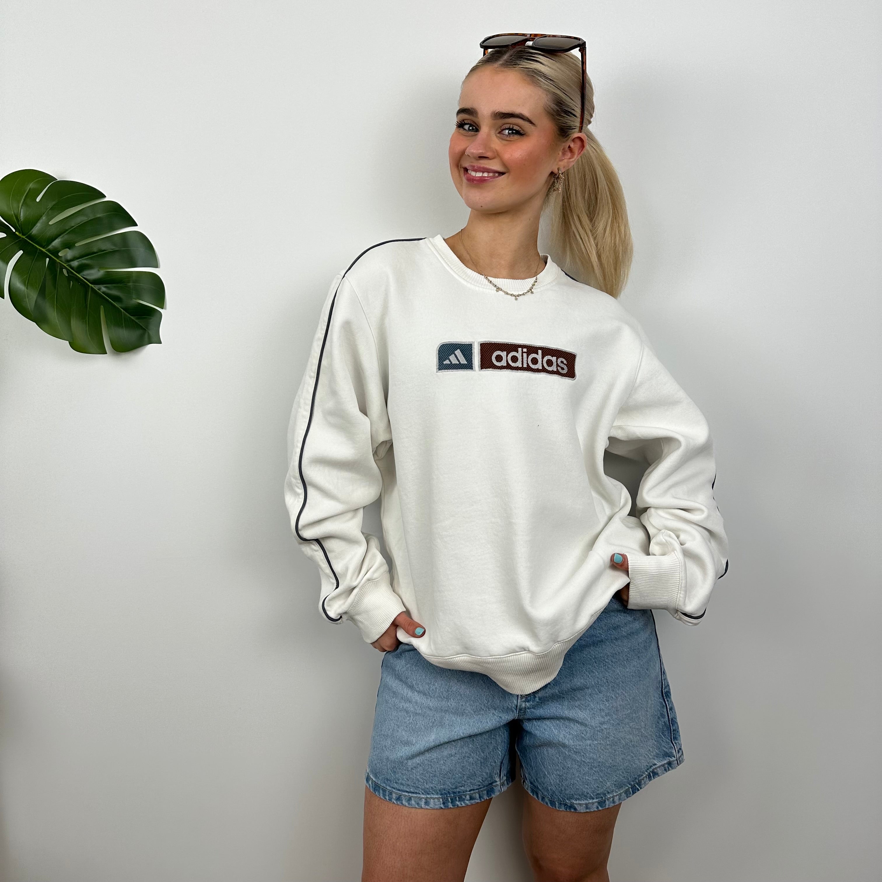 Adidas White Embroidered Spell Out Sweatshirt (M)