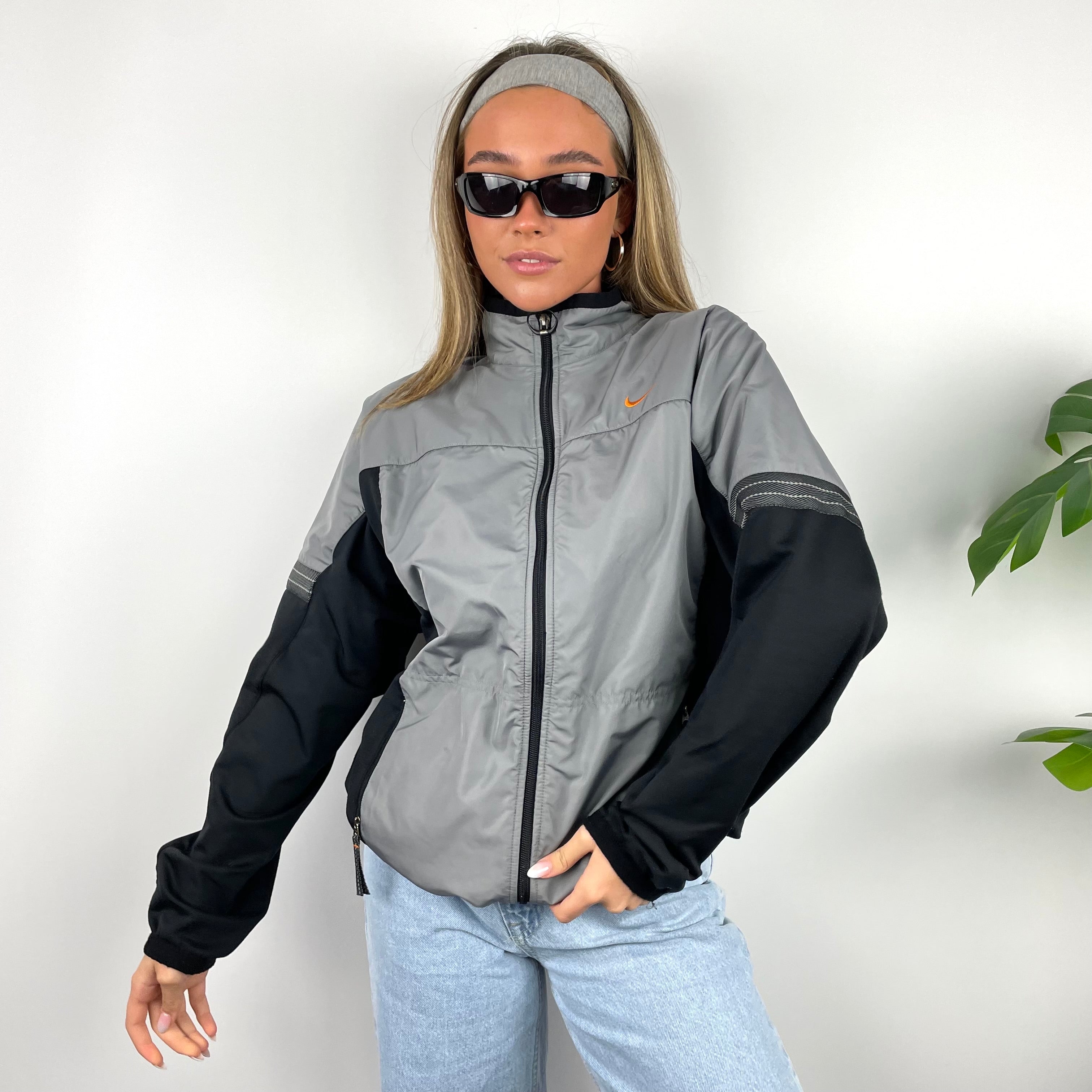 Nike RARE Black & Grey Embroidered Swoosh Zip Up Jacket (M)