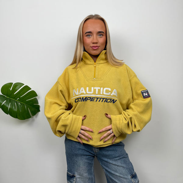 Nautica Yellow Embroidered Spell Out Teddy Bear Fleece Quarter Zip Sweatshirt (XL)