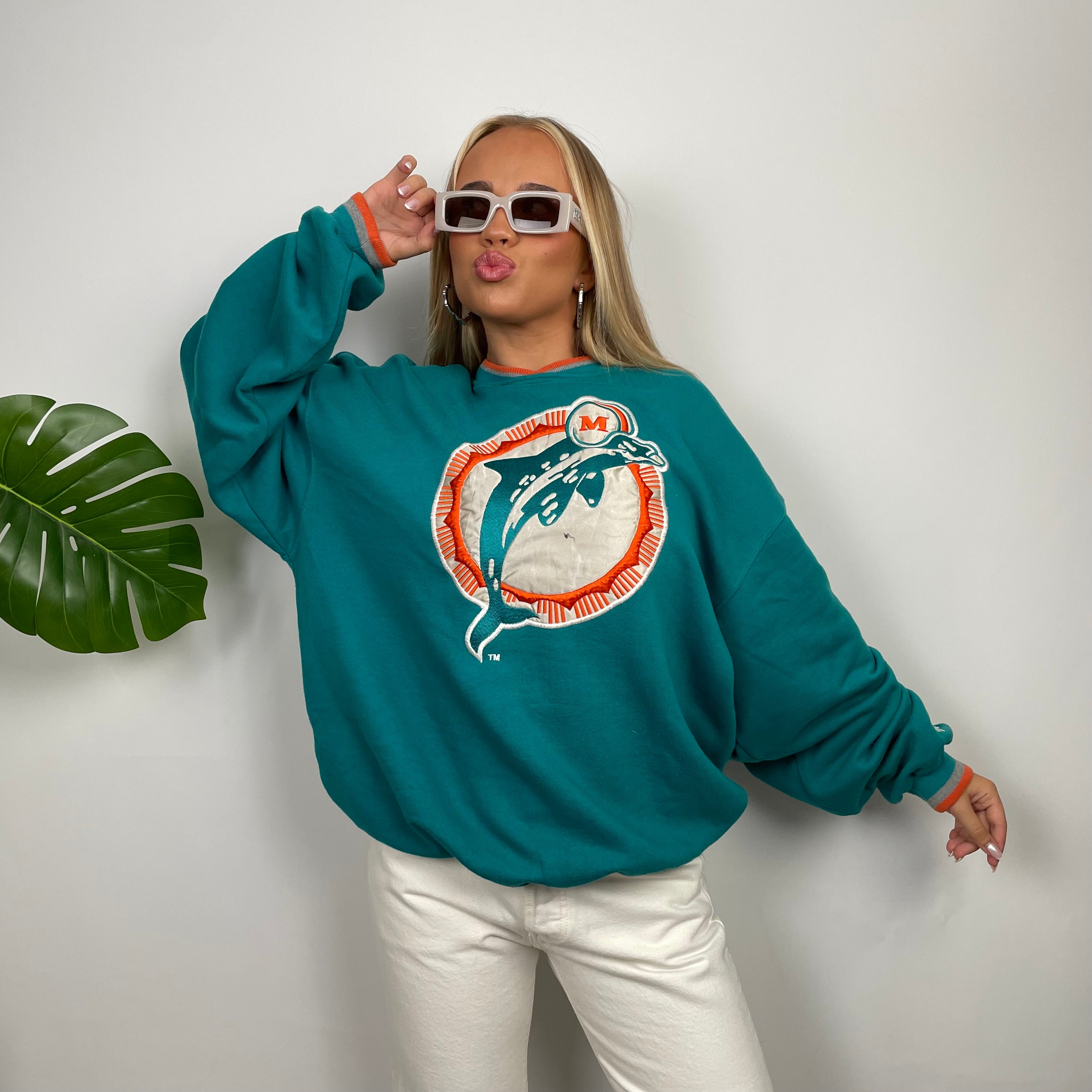 NFL Miami Dolphins Turquoise Embroidered Spell Out Sweatshirt (L)