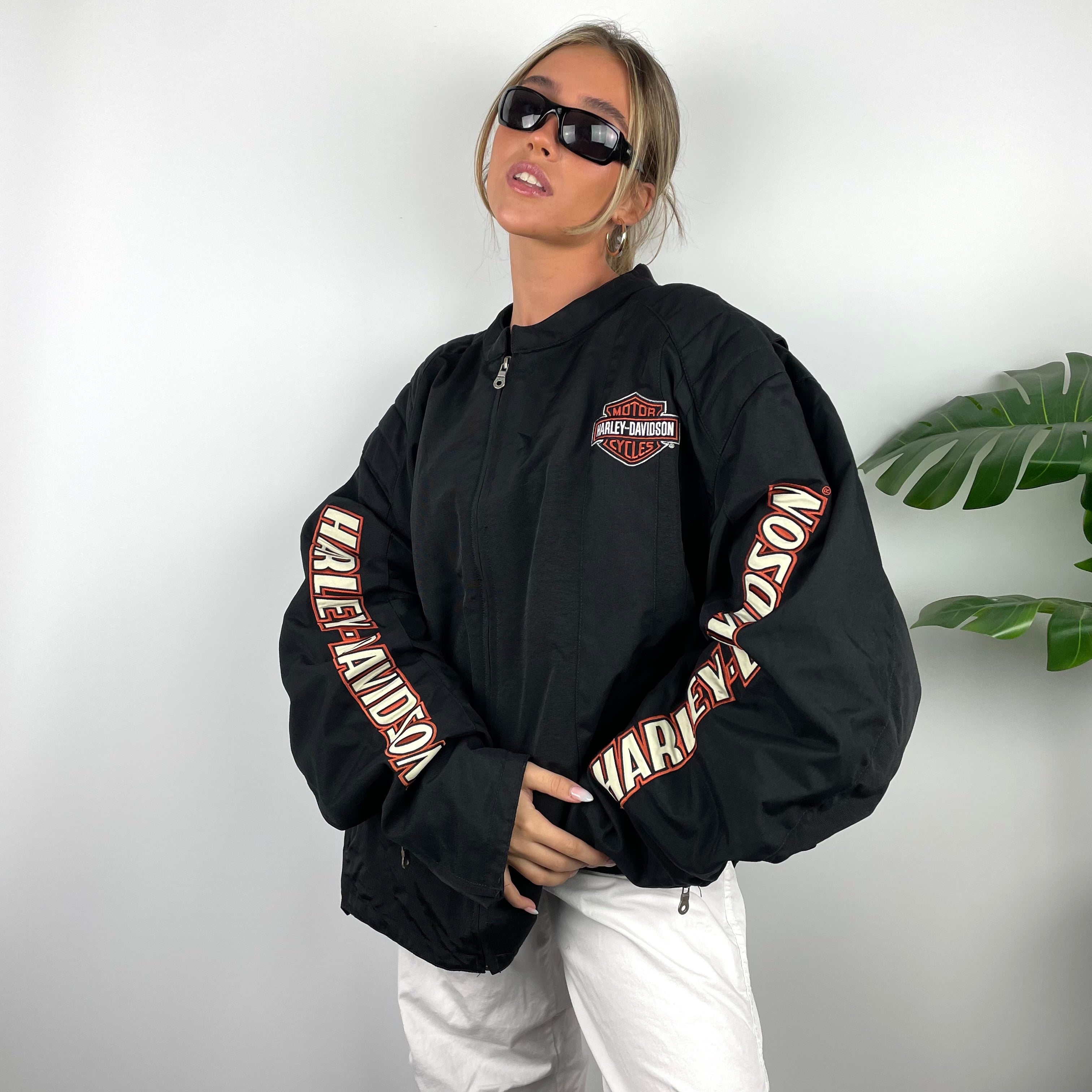 Harley Davidson RARE Black Embroidered Spell Out Zip Up Jacket (XXL)