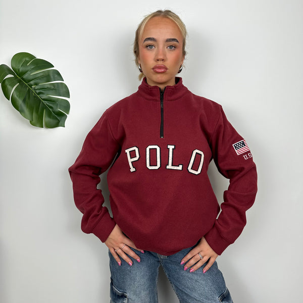 Polo Ralph Lauren Maroon Embroidered Spell Out Fleece Quarter Zip (L)