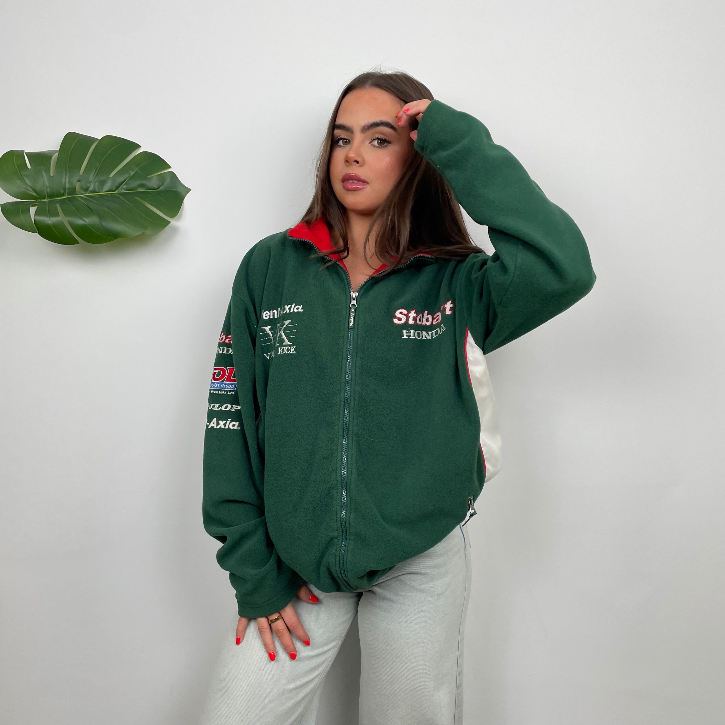 Honda Racing Green Embroidered Spell Out Zip Up Teddy Bear Fleece Jacket (L)