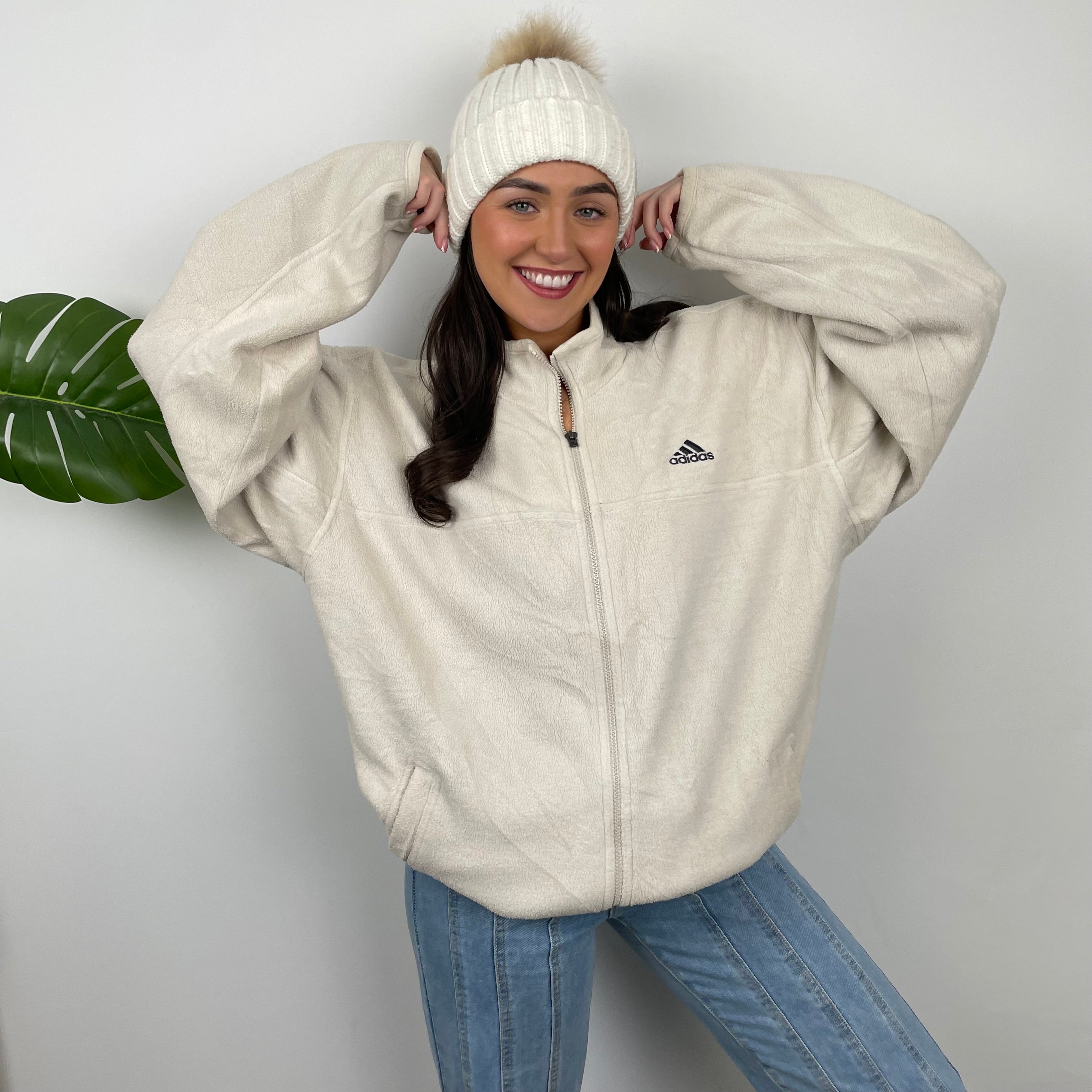Adidas Cream Embroidered Spell Out Teddy Bear Fleece Zip Up Jacket (L)