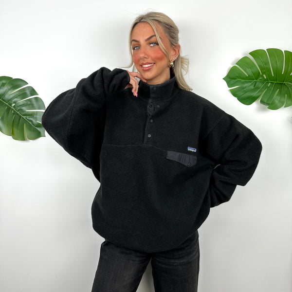 Patagonia Black Embroidered Spell Out Teddy Bear Fleece Button Sweatshirt (XL)