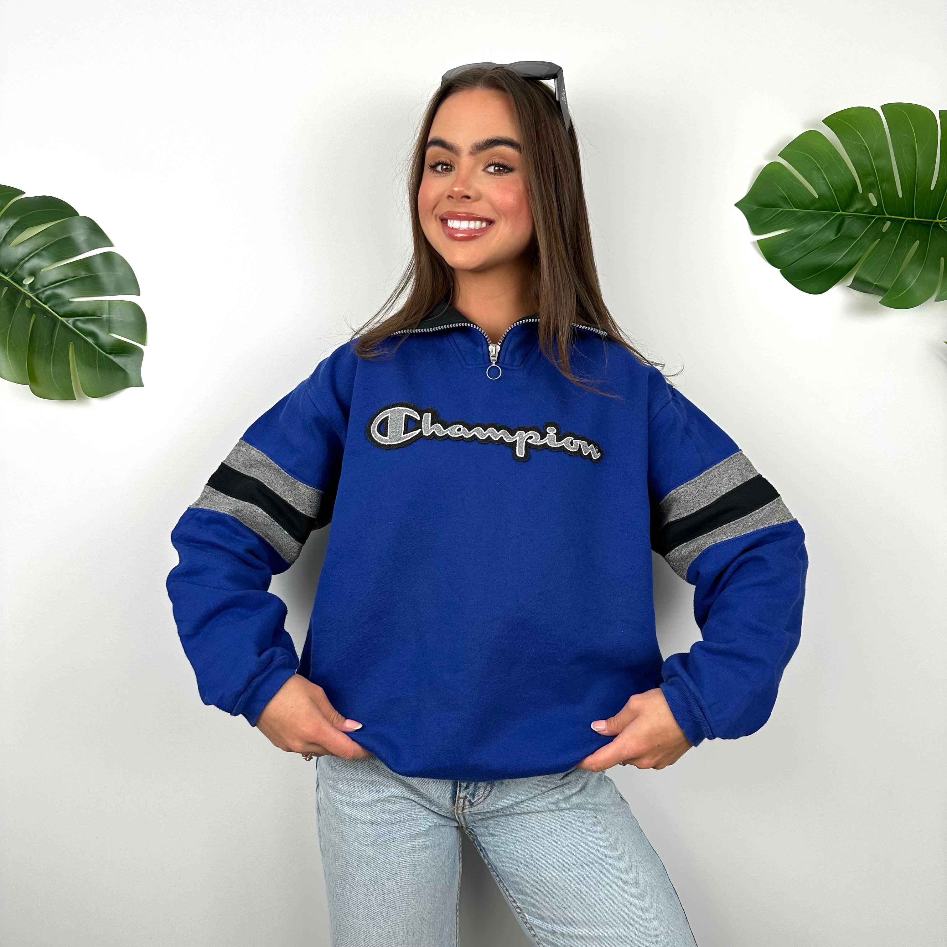 Champion Blue Embroidered Spell Out Quarter Zip Sweatshirt (S)