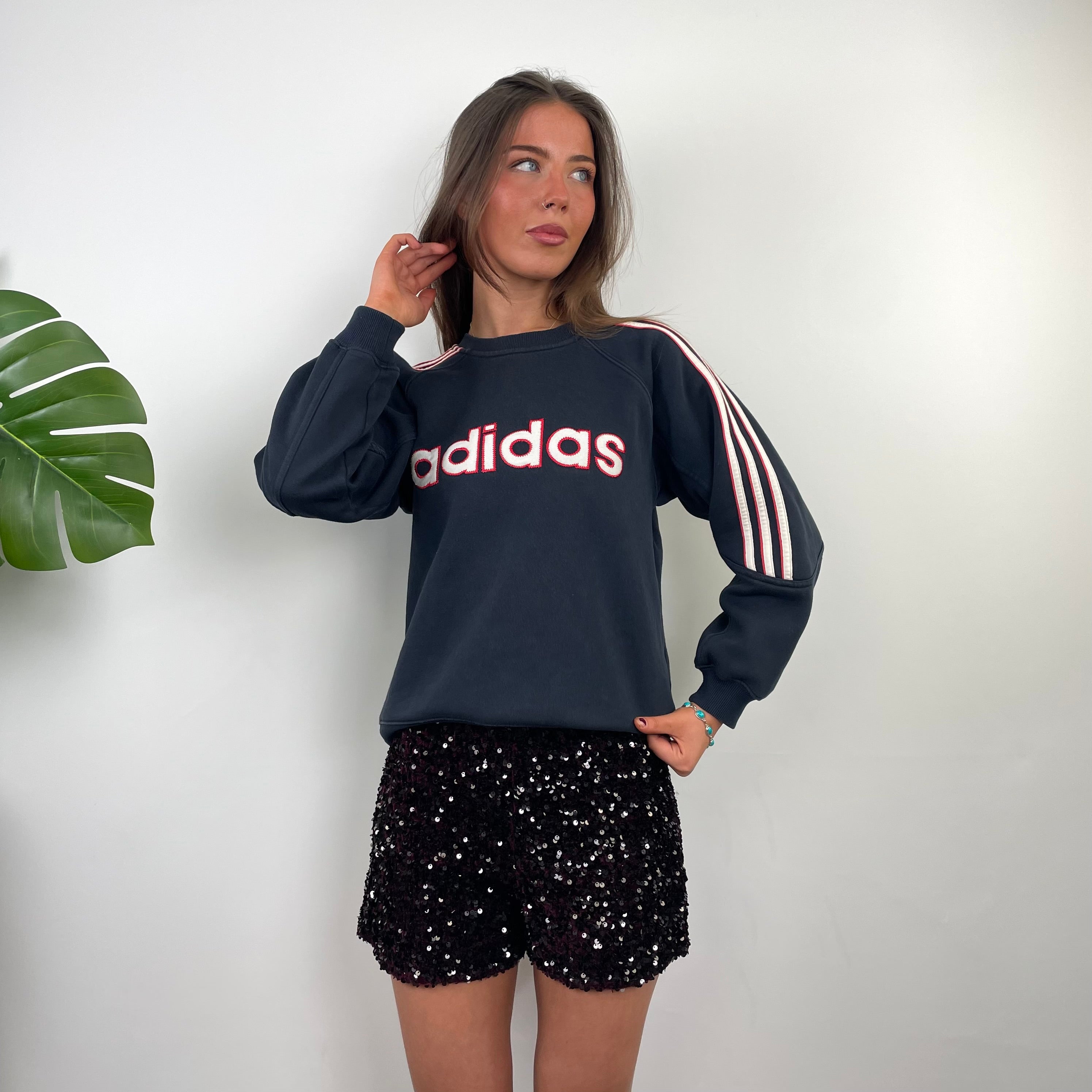 Adidas Navy Embroidered Spell Out Sweatshirt (XS)