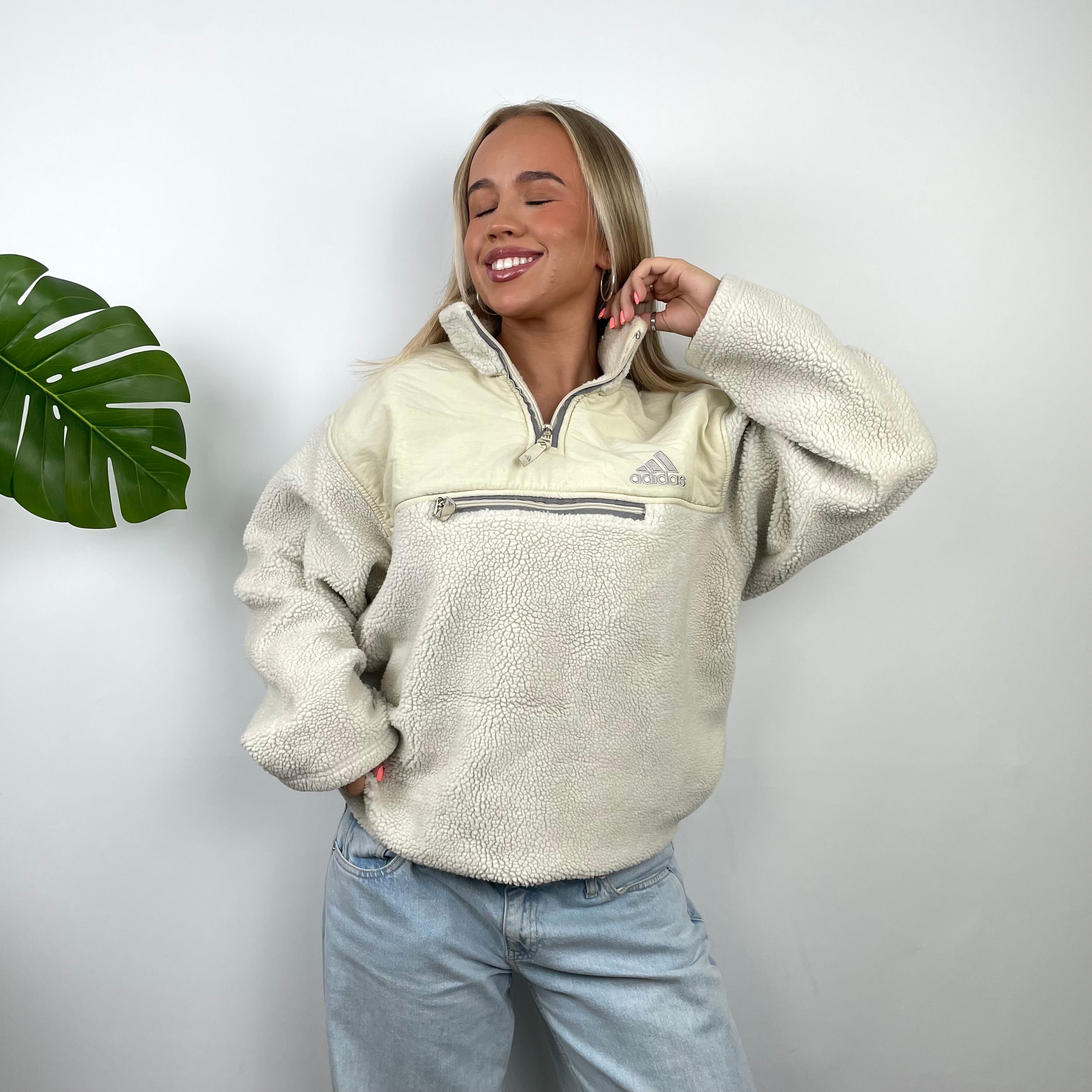 Adidas Cream Embroidered Spell Out Teddy Bear Sherpa Fleece Quarter Zip Sweatshirt (L)