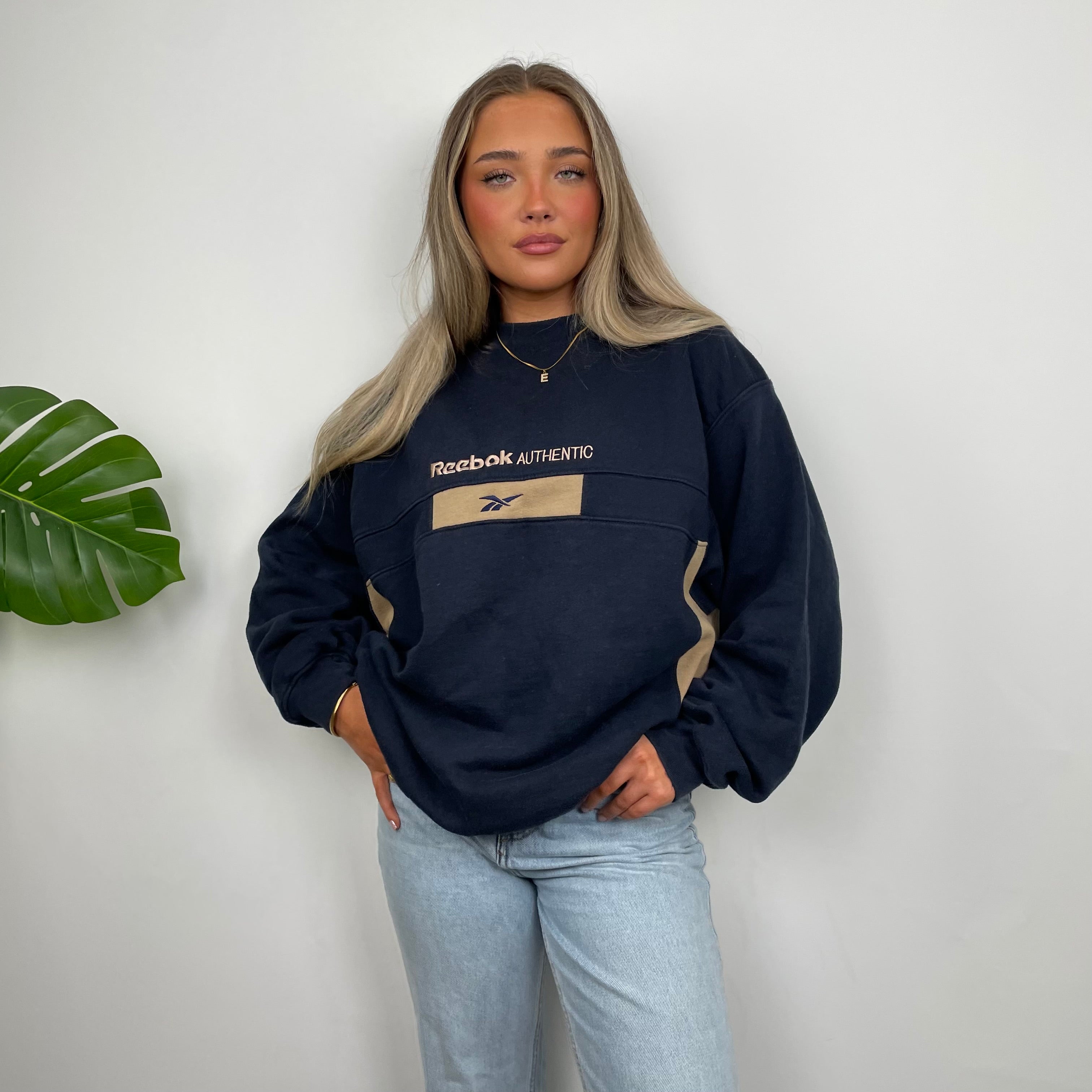 Reebok Authentic Navy Embroidered Spell Out Sweatshirt (L)