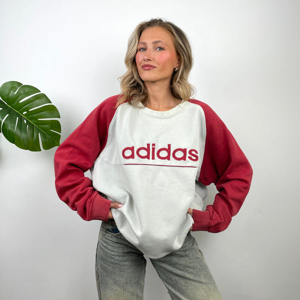 Adidas White Embroidered Spell Out Sweatshirt (XL)