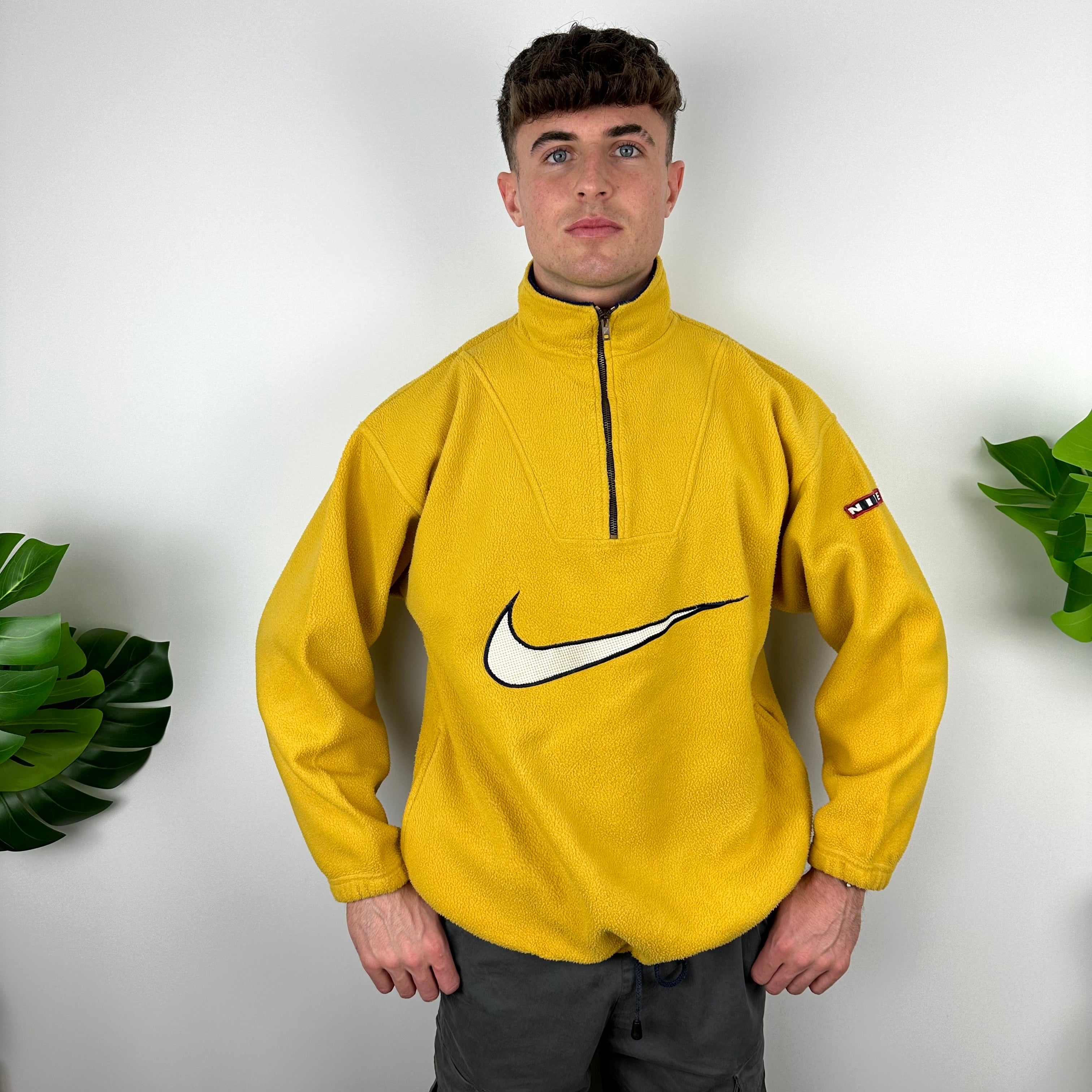 Nike Yellow Embroidered Spell Out Teddy Bear Fleece Quarter Zip Sweatshirt (L)