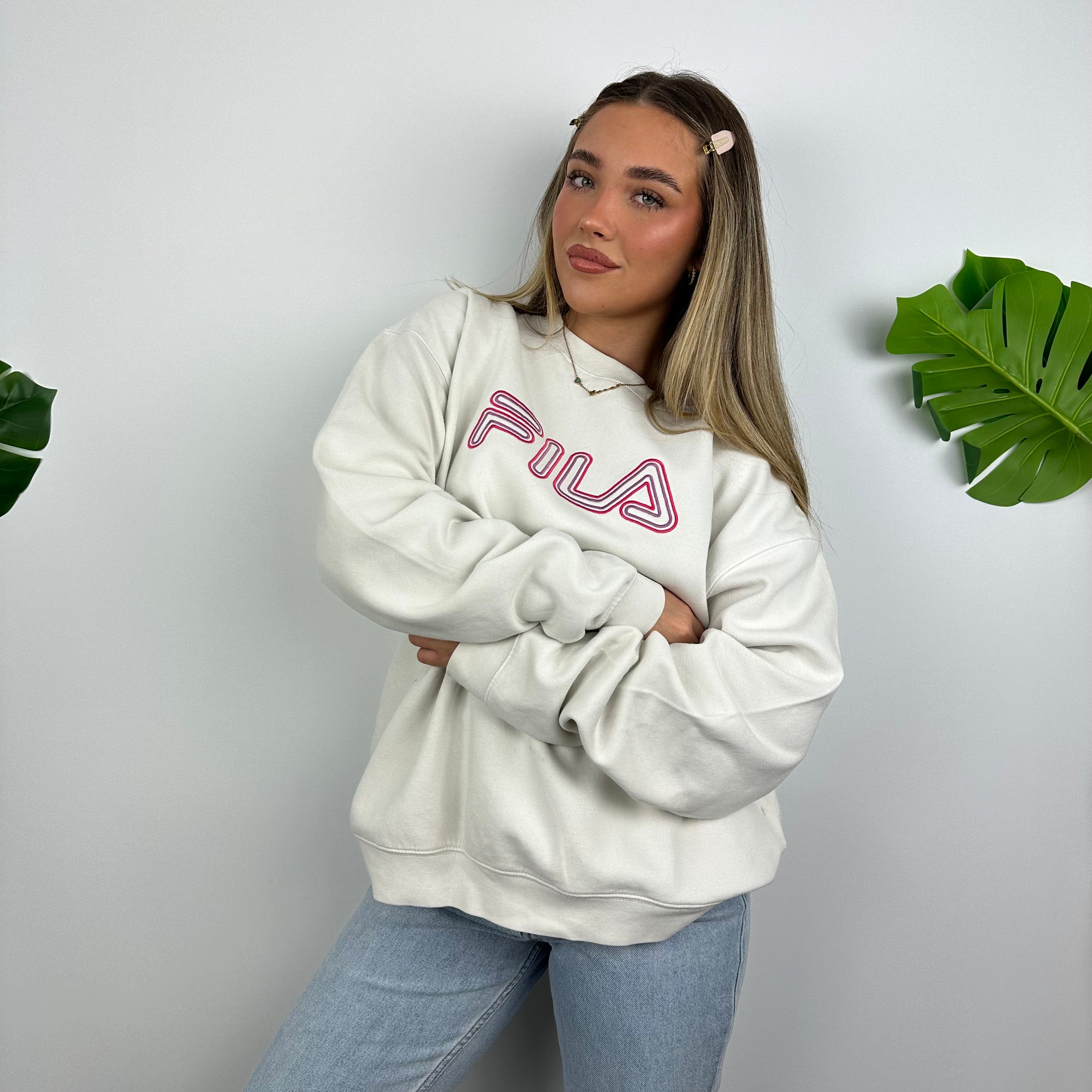 FILA RARE White Embroidered Spell Out Sweatshirt (XL)