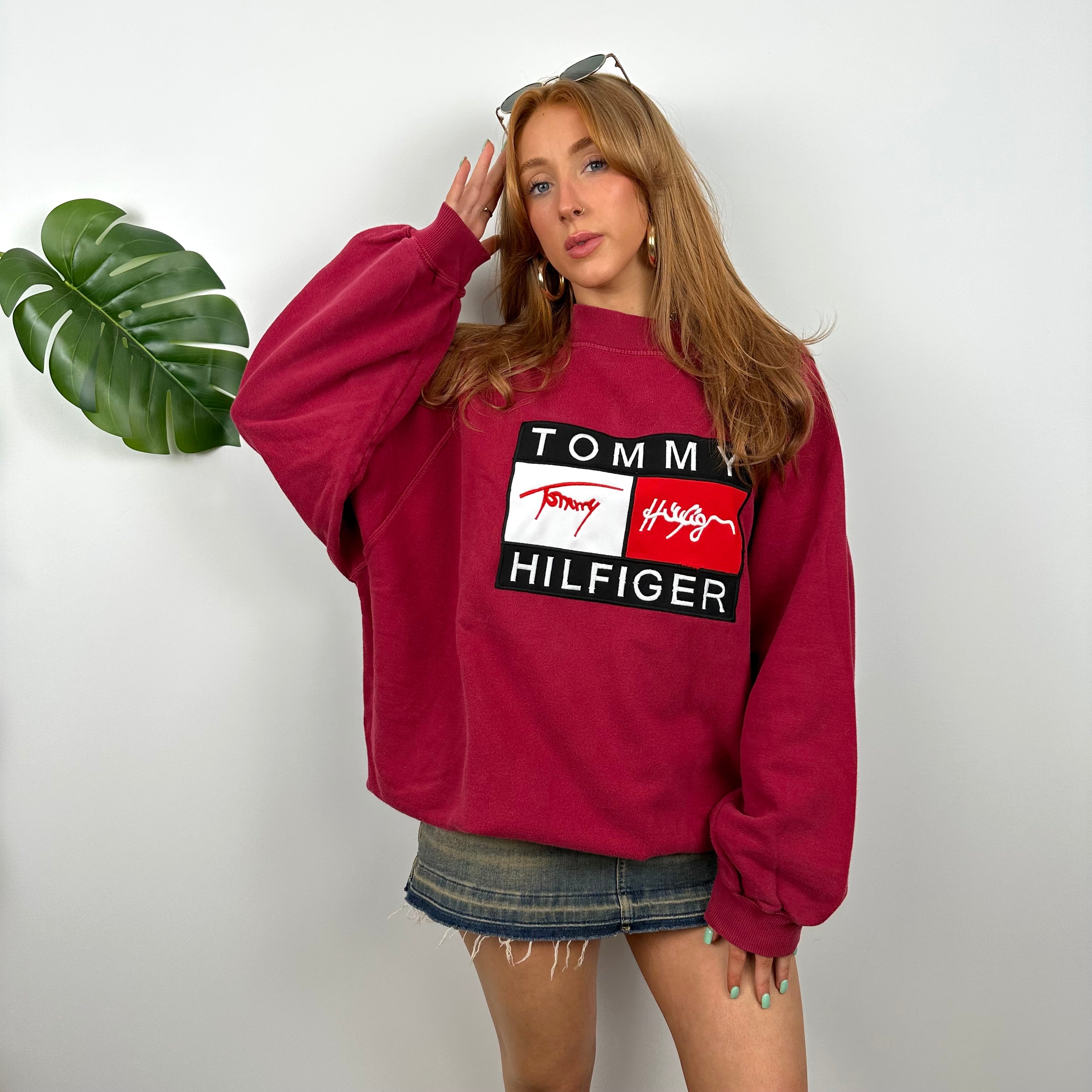 Tommy Hilfiger RARE Red Embroidered Spell Out Sweatshirt (XL)