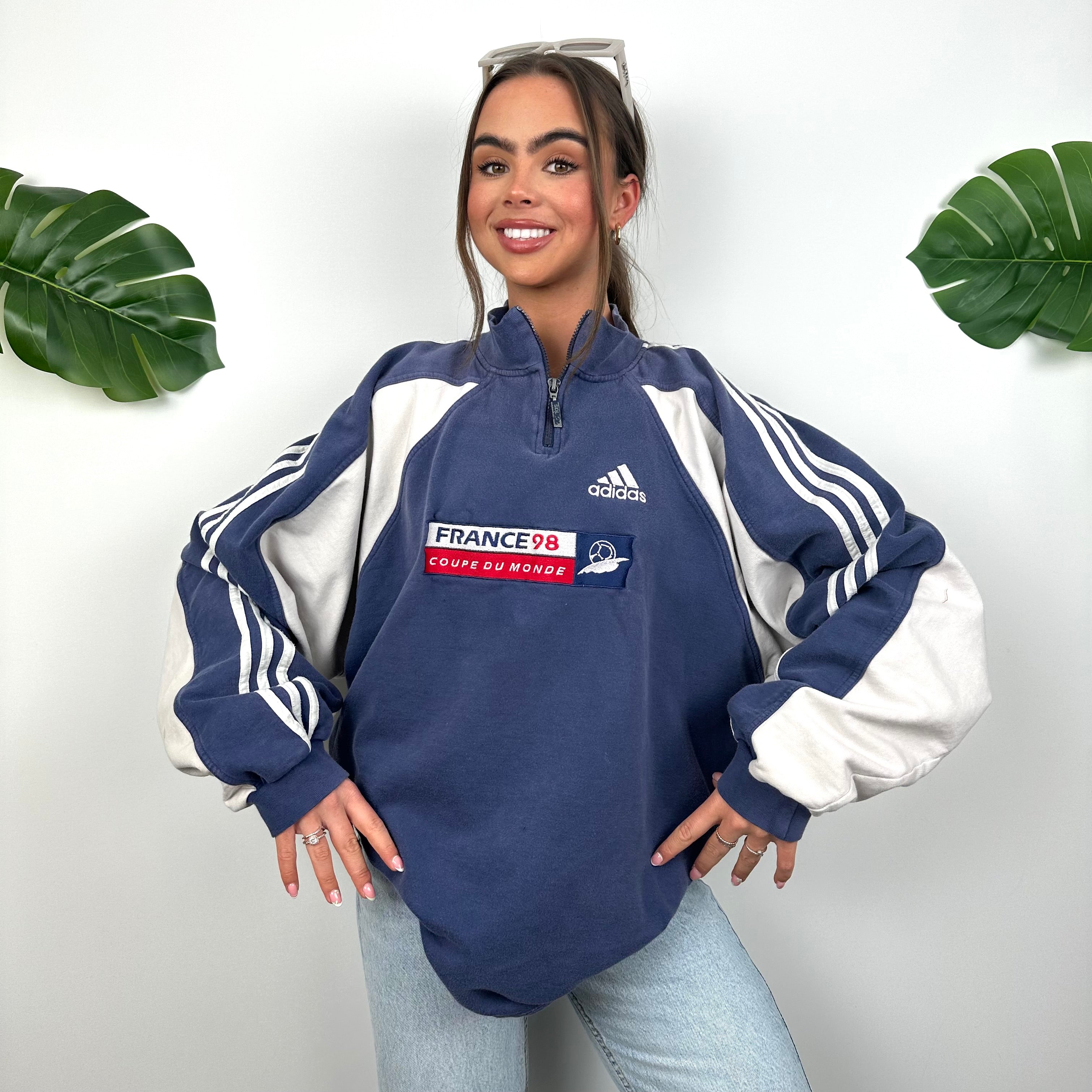 Adidas x Football World Cup France 1998 RARE Navy Embroidered Spell Out Quarter Zip Sweatshirt (XL)