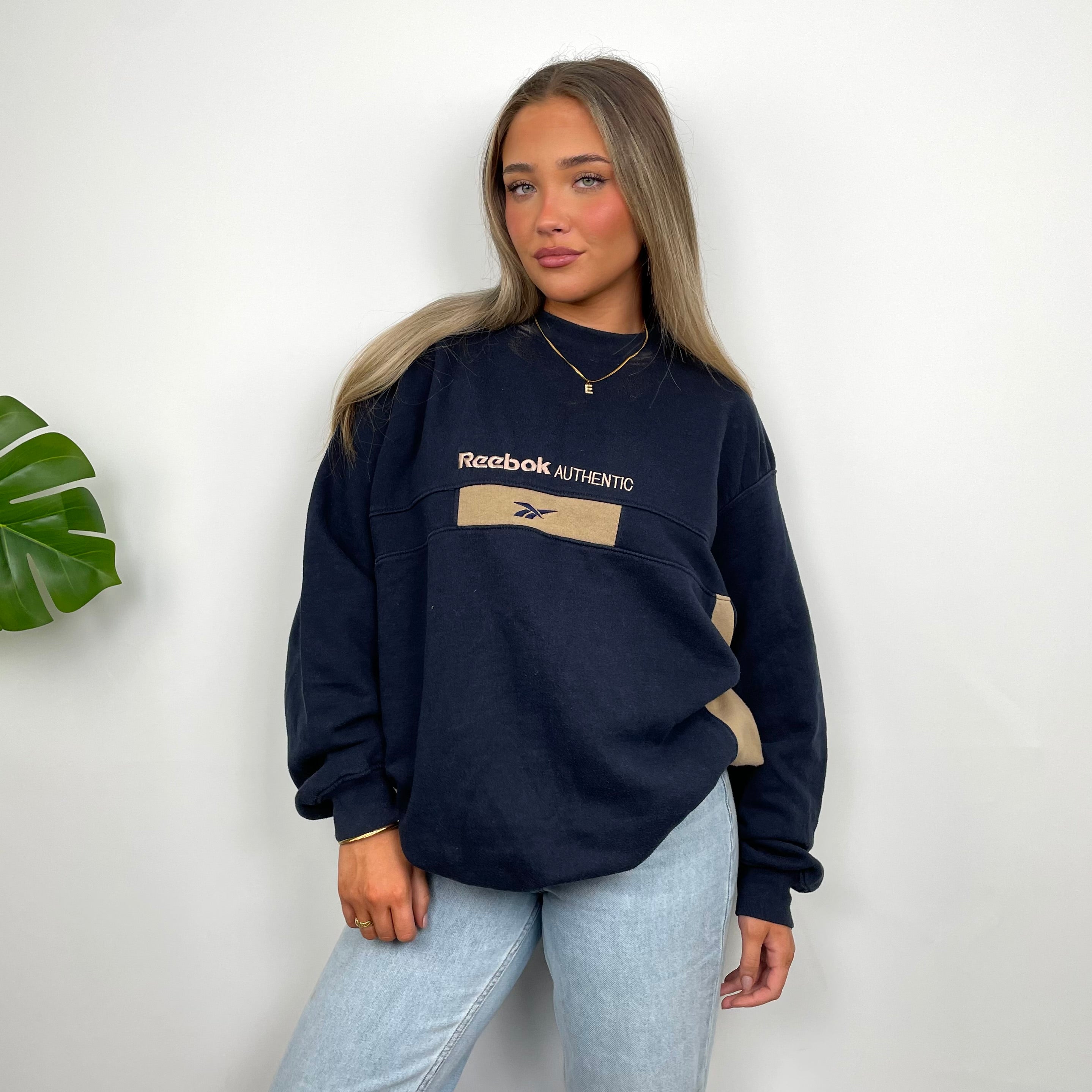 Reebok Authentic Navy Embroidered Spell Out Sweatshirt (L)