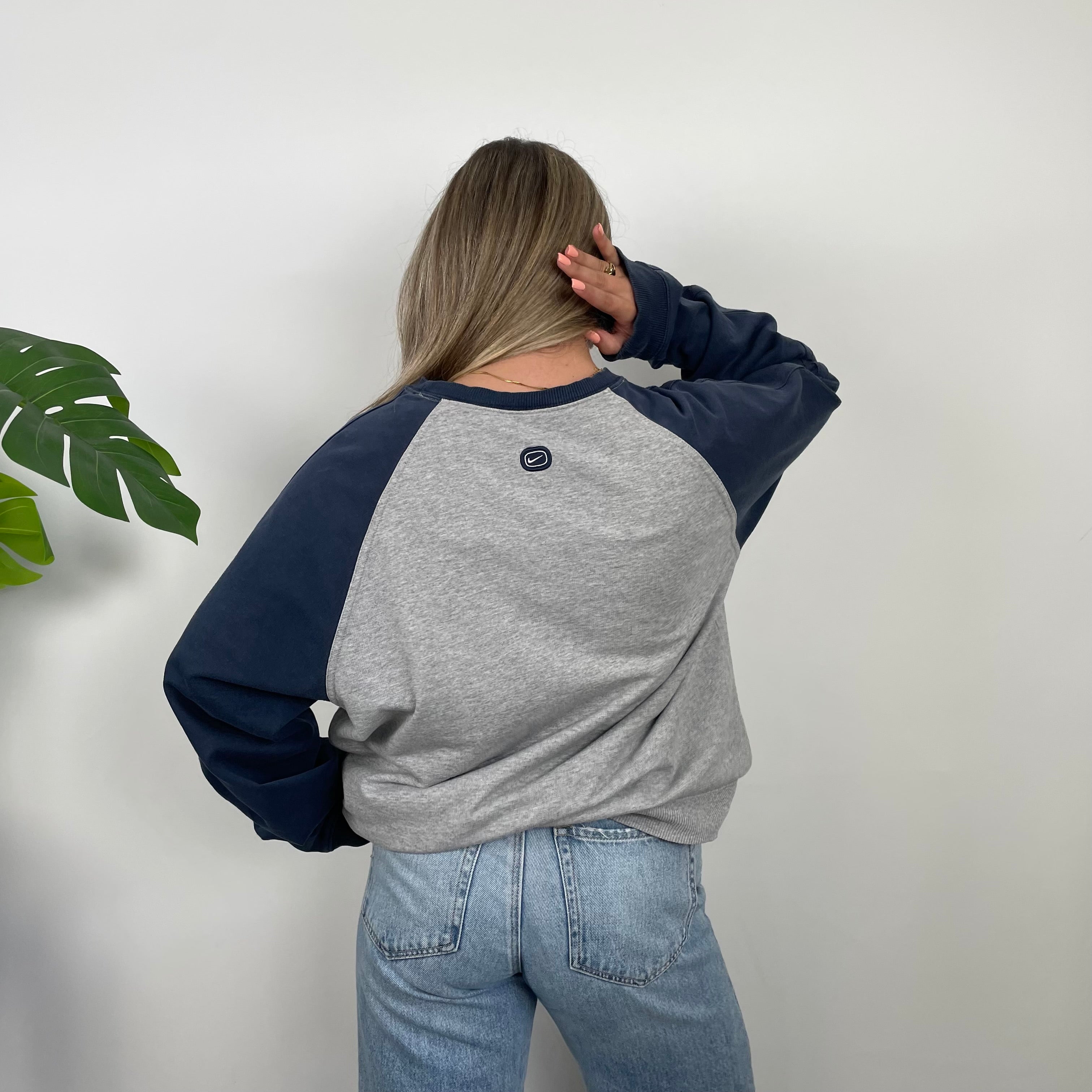 Nike Grey and Navy Embroidered Spell Out Sweatshirt (L)