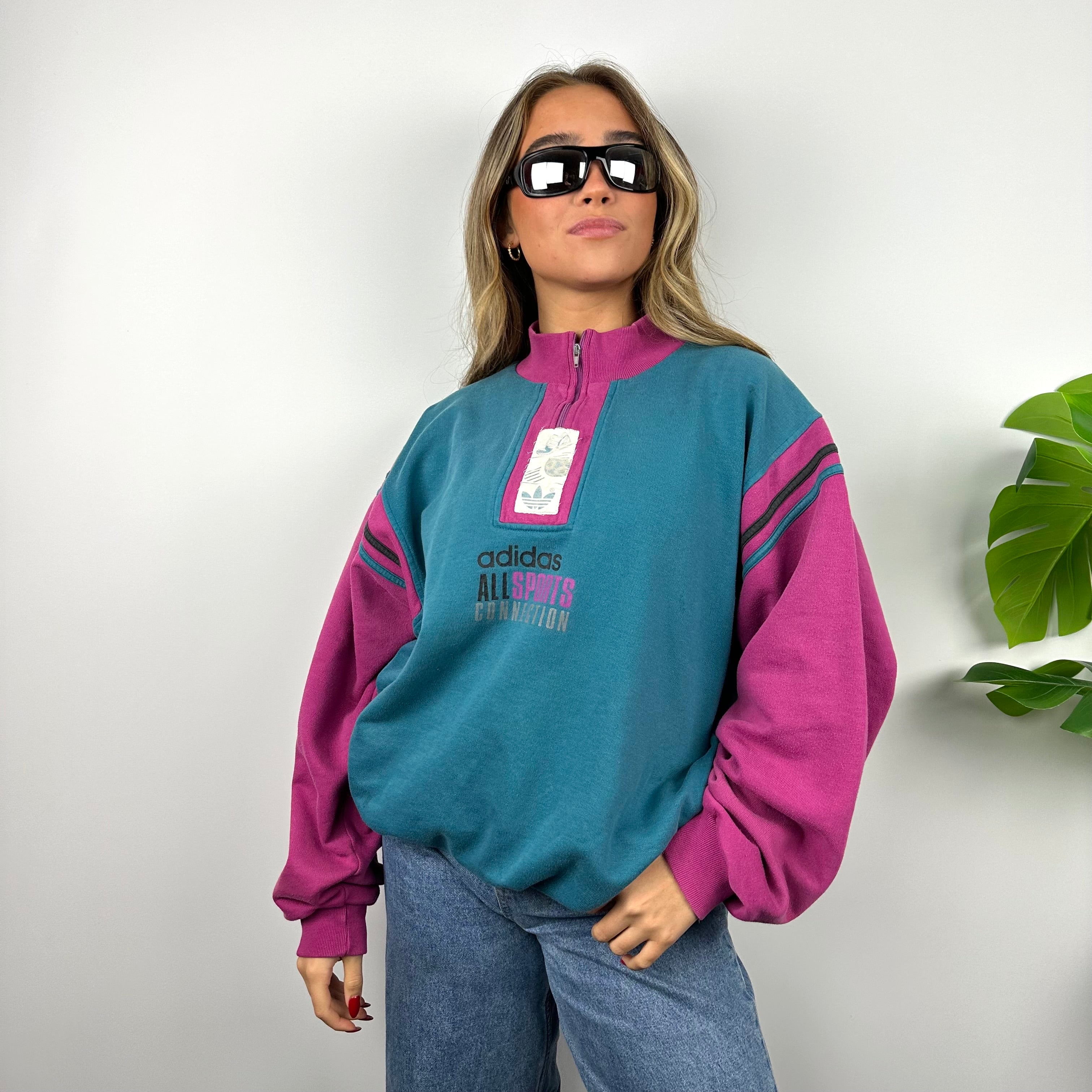 Adidas RARE Turquoise Blue & Pink Spell Out Sweatshirt (L)
