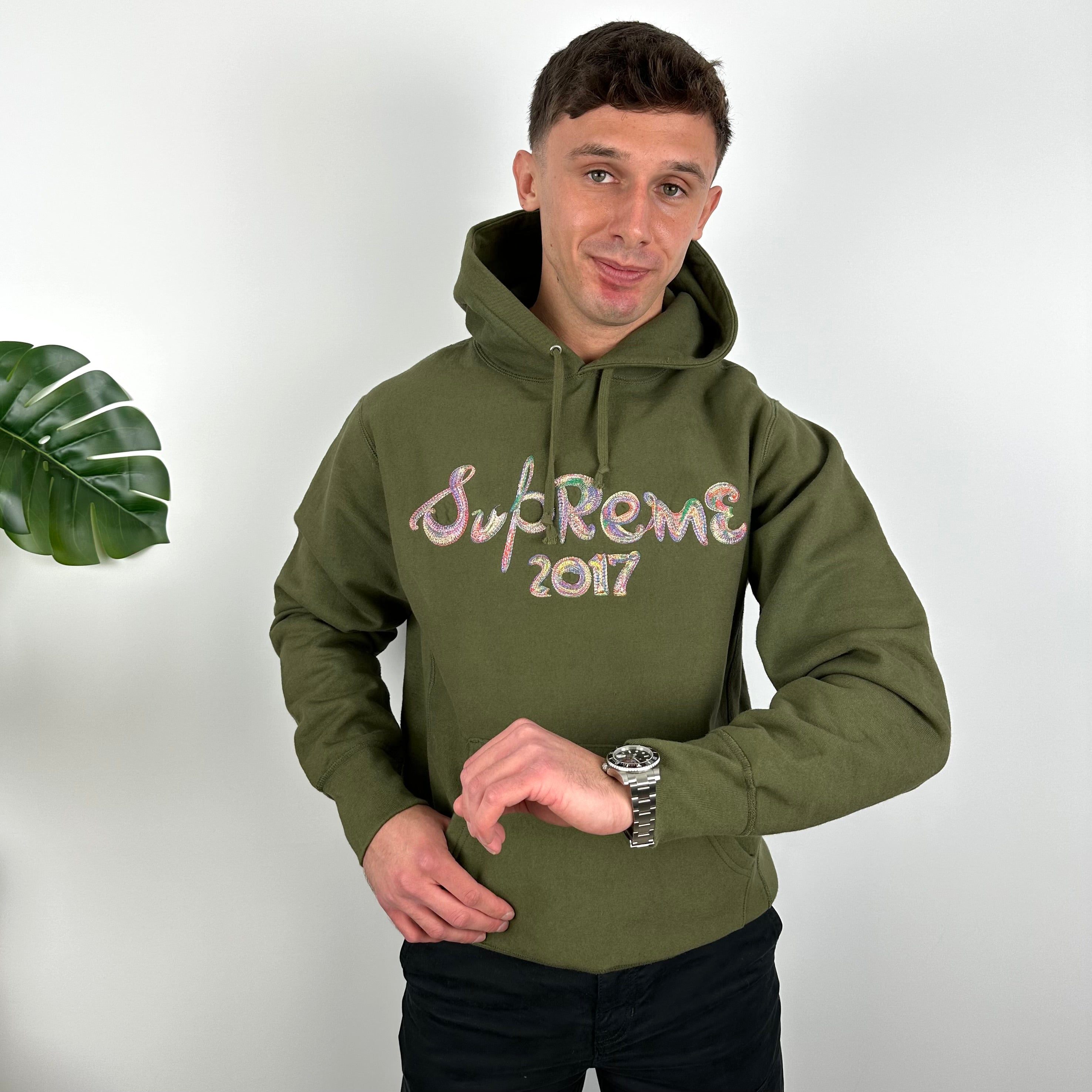 Supreme 2017 Khaki Green Brush Logo Embroidered Spell Out Hoodie (M)