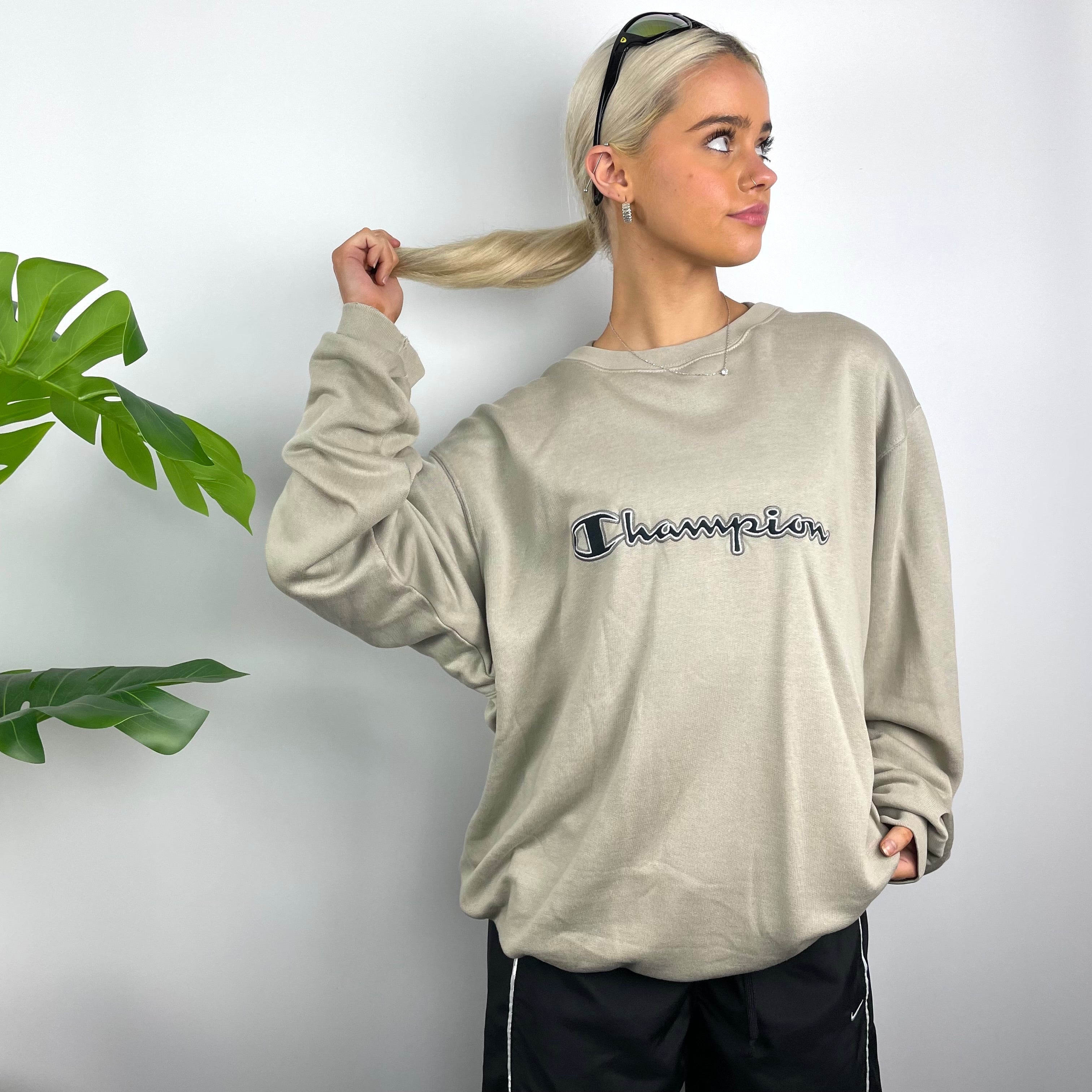 Champion RARE Grey Embroidered Spell Out Sweatshirt (XXL)