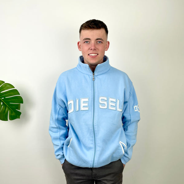 Diesel Baby Blue Embroidered Spell Out Zip Up Hoodie (XL)