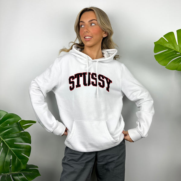 Stussy White Embroidered Spell Out Hoodie (M)