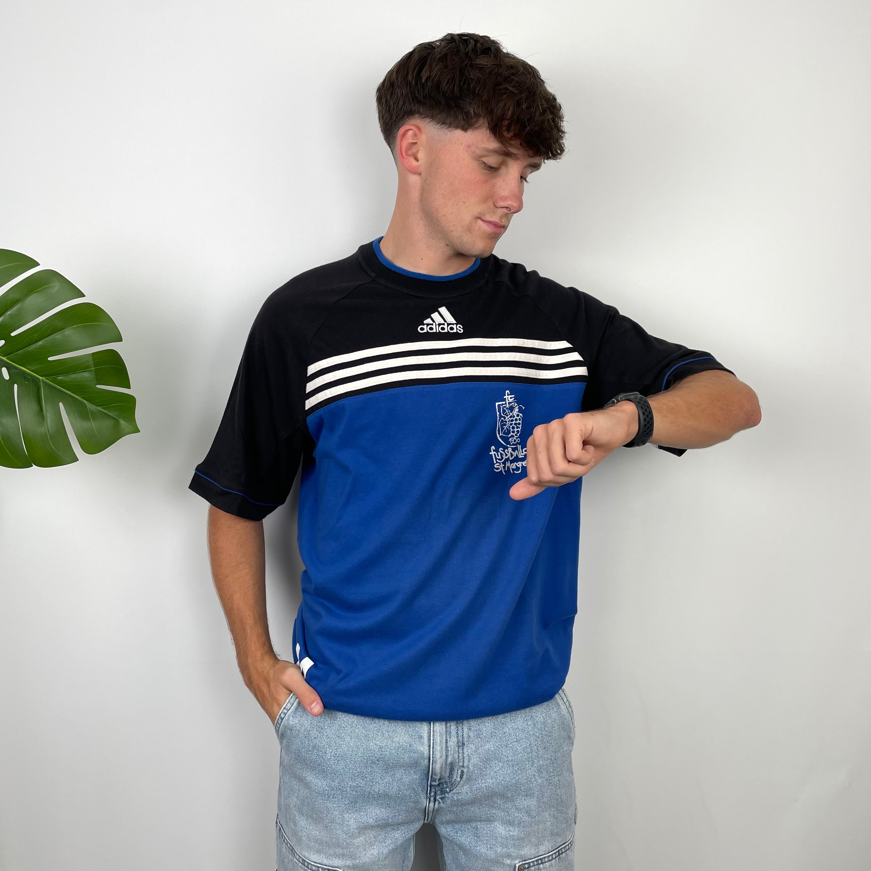 Adidas RARE Black & Blue Embroidered Spell Out T Shirt (L)