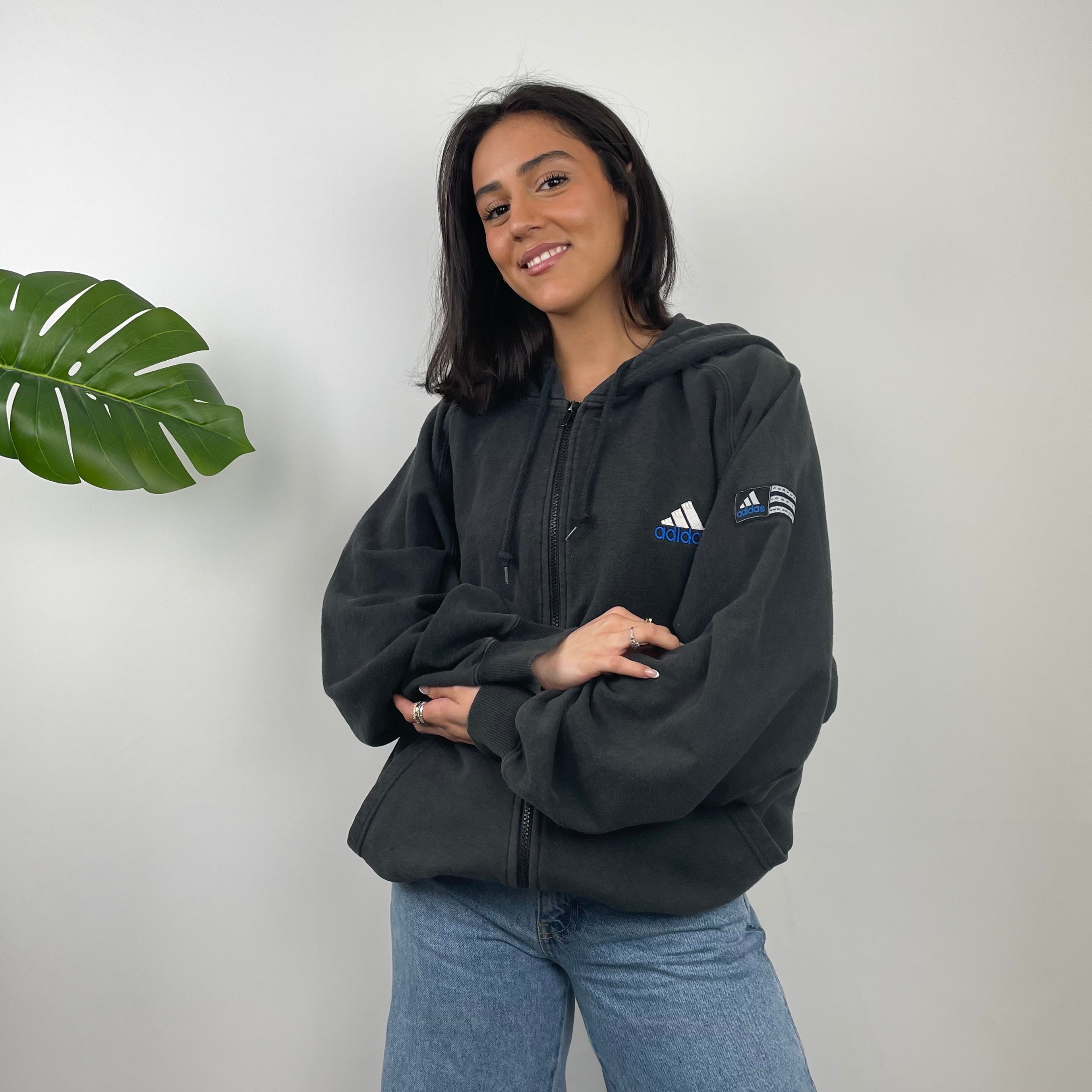 Adidas Black Embroidered Spell Out Zip Up Hoodie Jacket (XL)