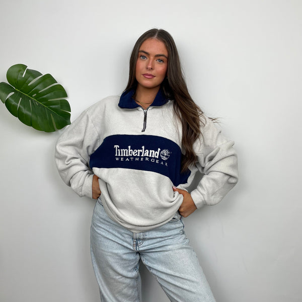 Timberland White & Navy Embroidered Spell Out Teddy Bear Fleece Quarter Zip Sweatshirt (M)