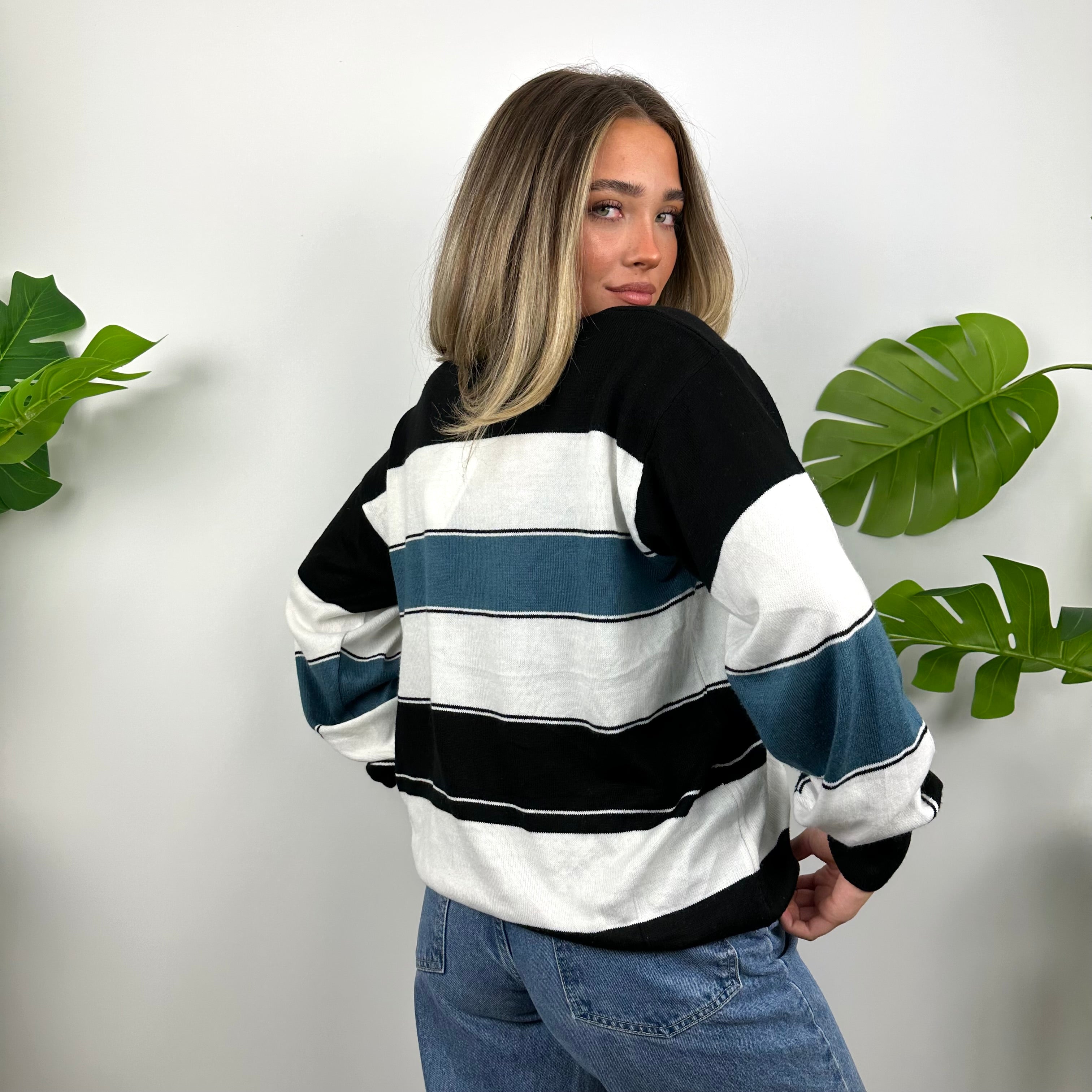 Lacoste White, Black & Navy Striped Embroidered Logo Sweater (M)