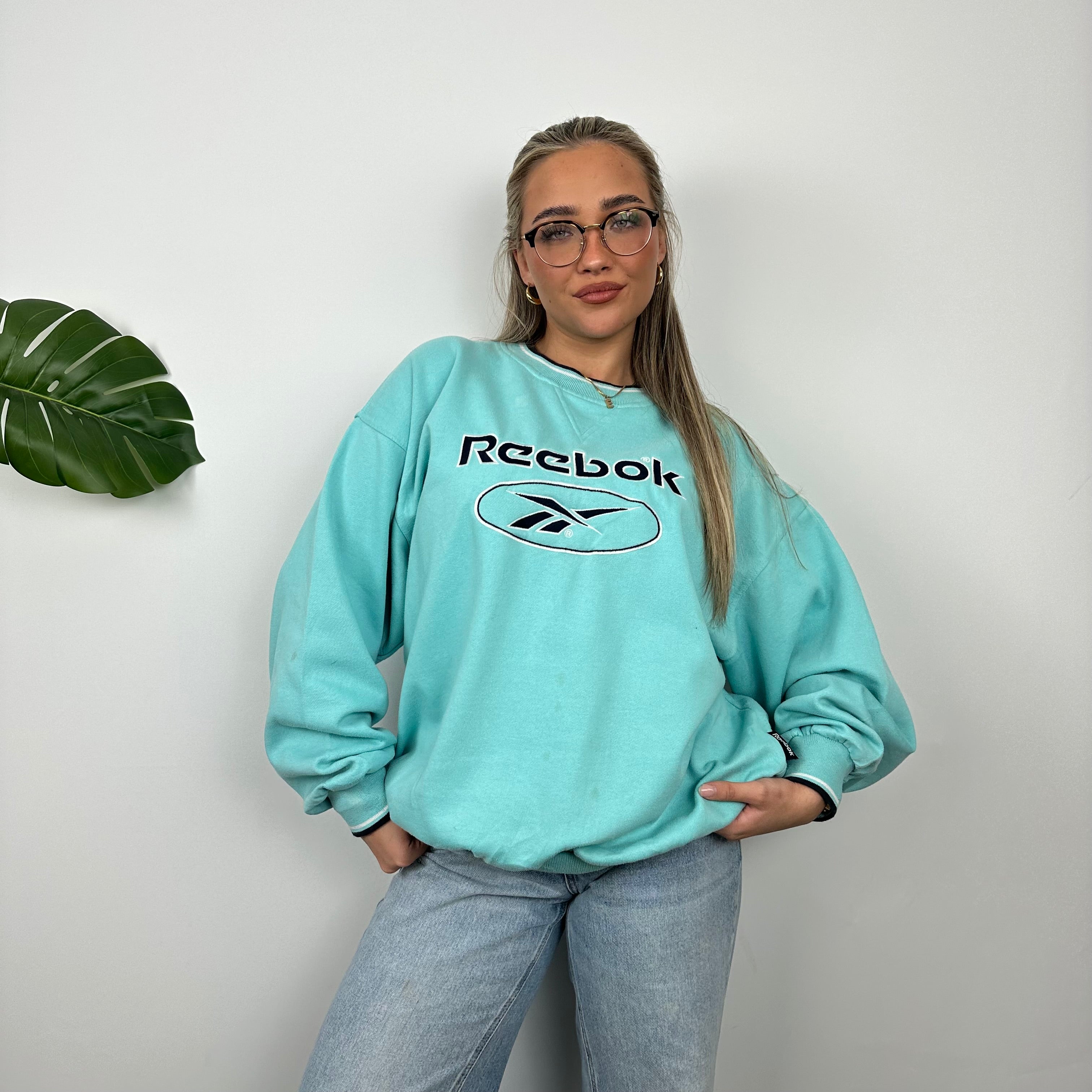 Reebok Turquoise Blue Embroidered Spell Out Sweatshirt (L)