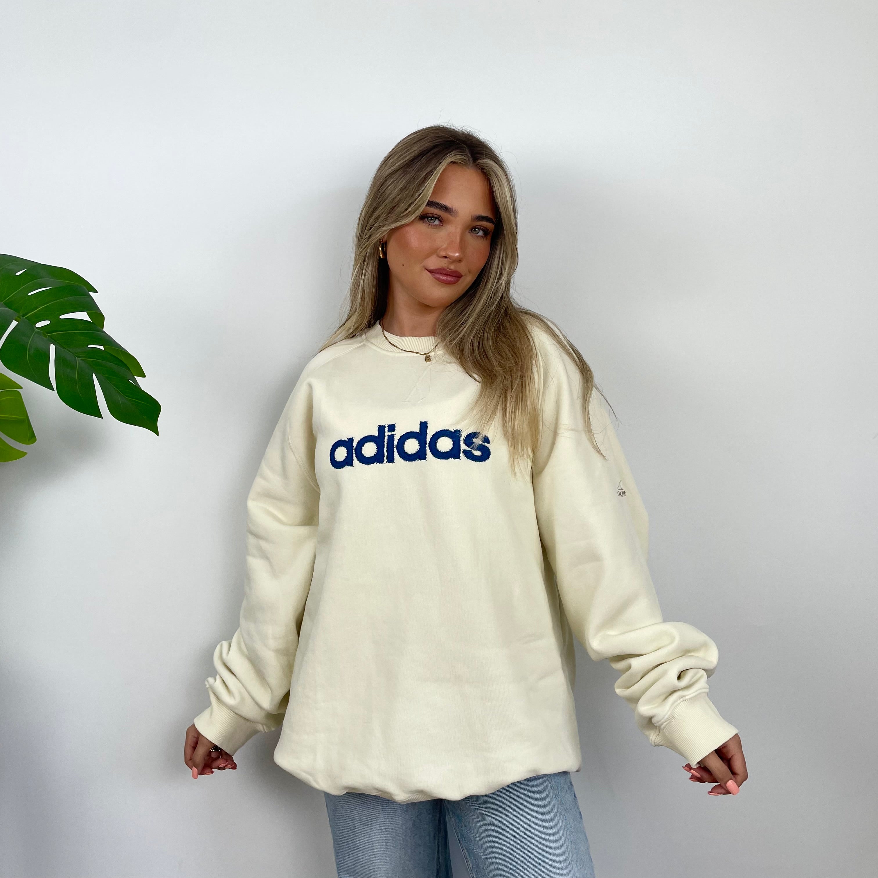 Adidas Cream Embroidered Spell Out Sweatshirt (XL)