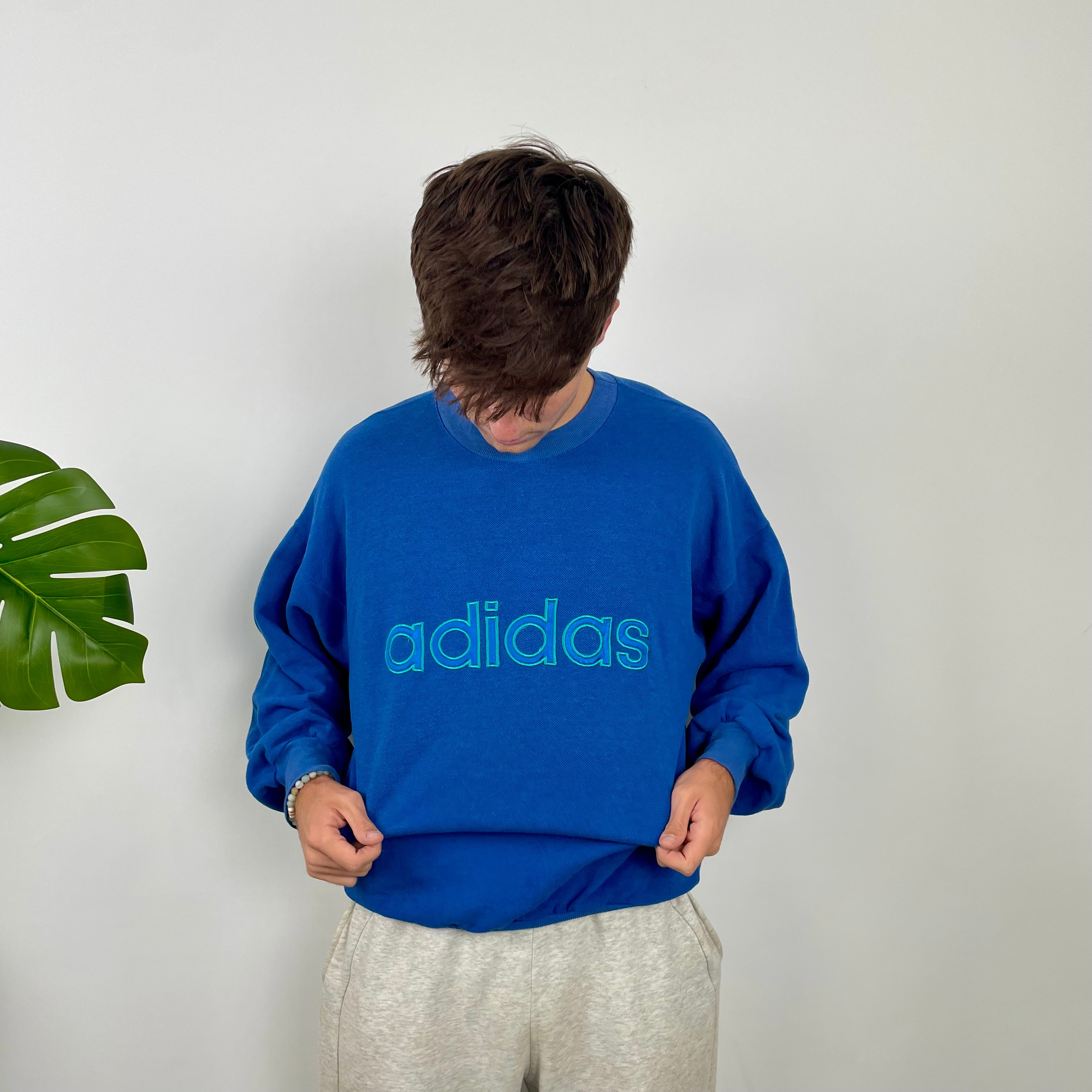 Adidas Blue Embroidered Spell Out Sweatshirt (M)