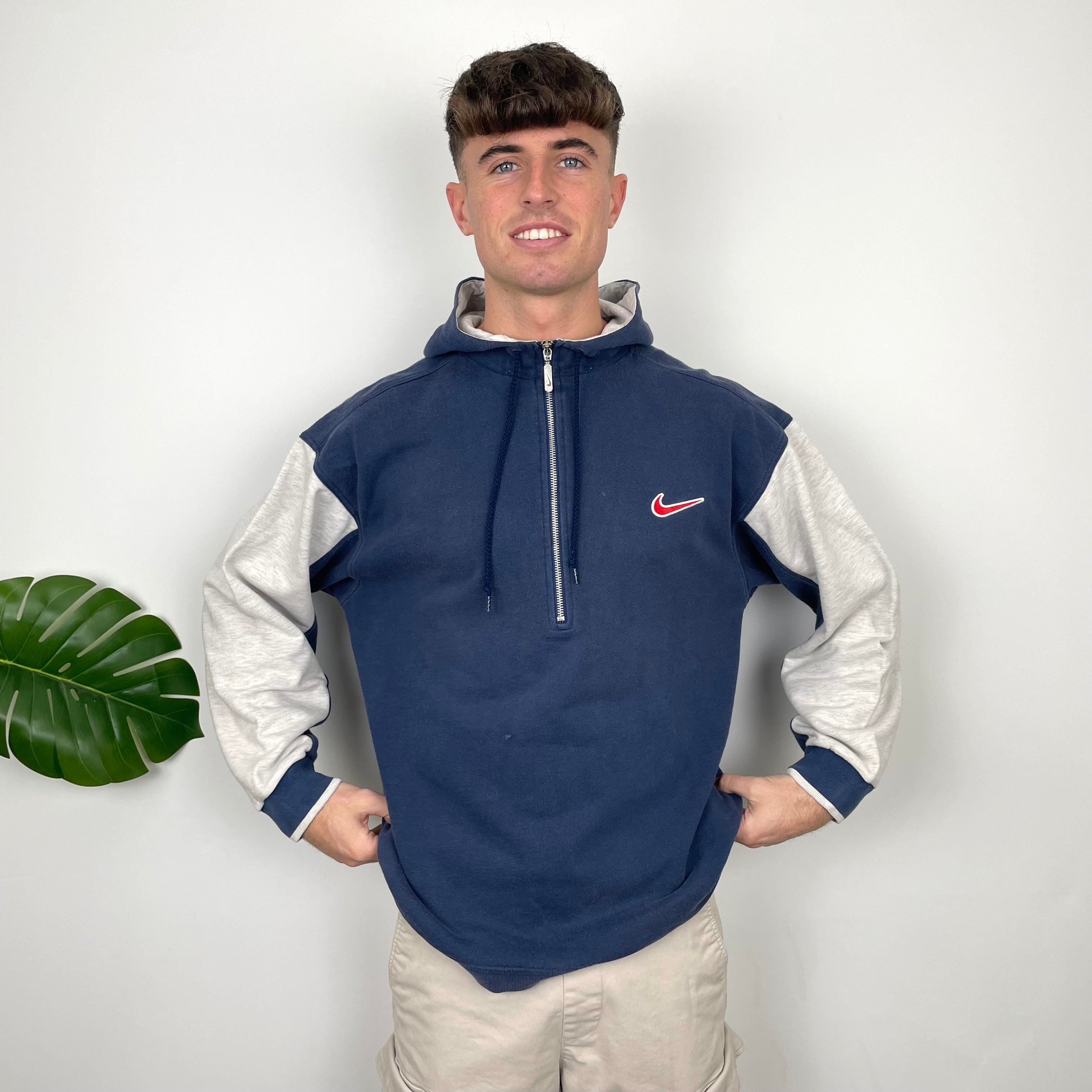 Nike RARE Navy Embroidered Swoosh Quarter Zip Hoodie (L)