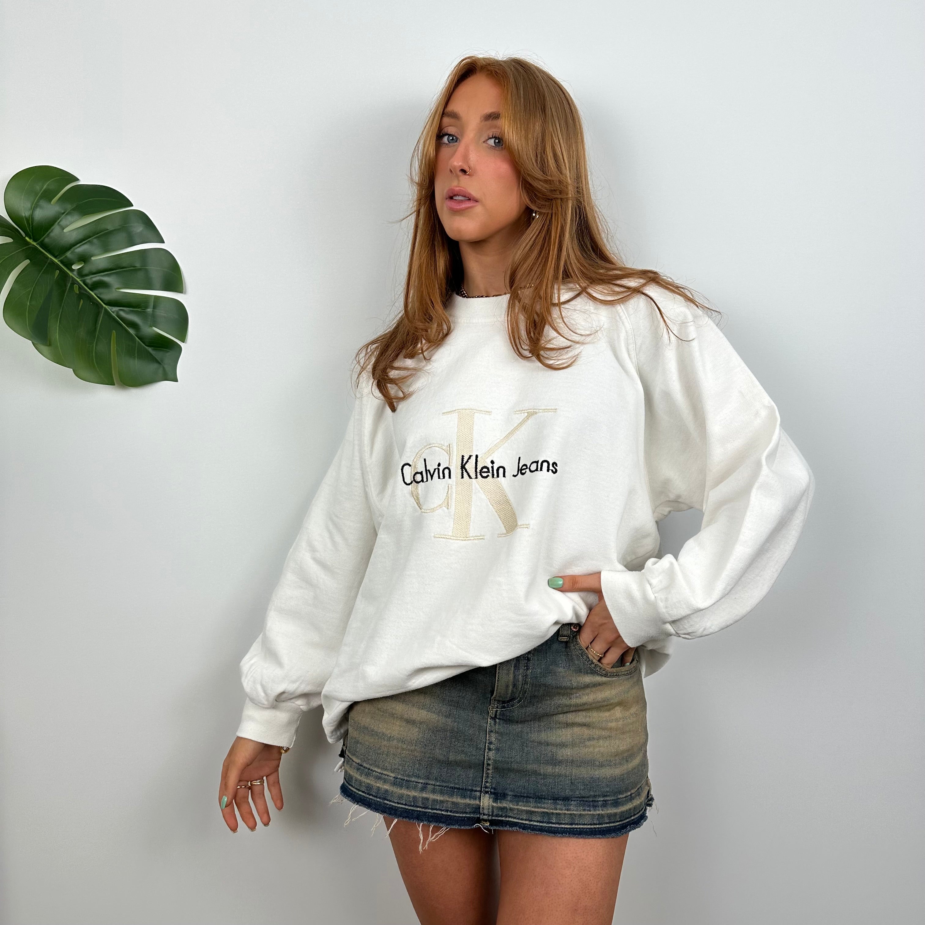 Calvin Klein RARE Cream Embroidered Spell Out Sweatshirt (M)