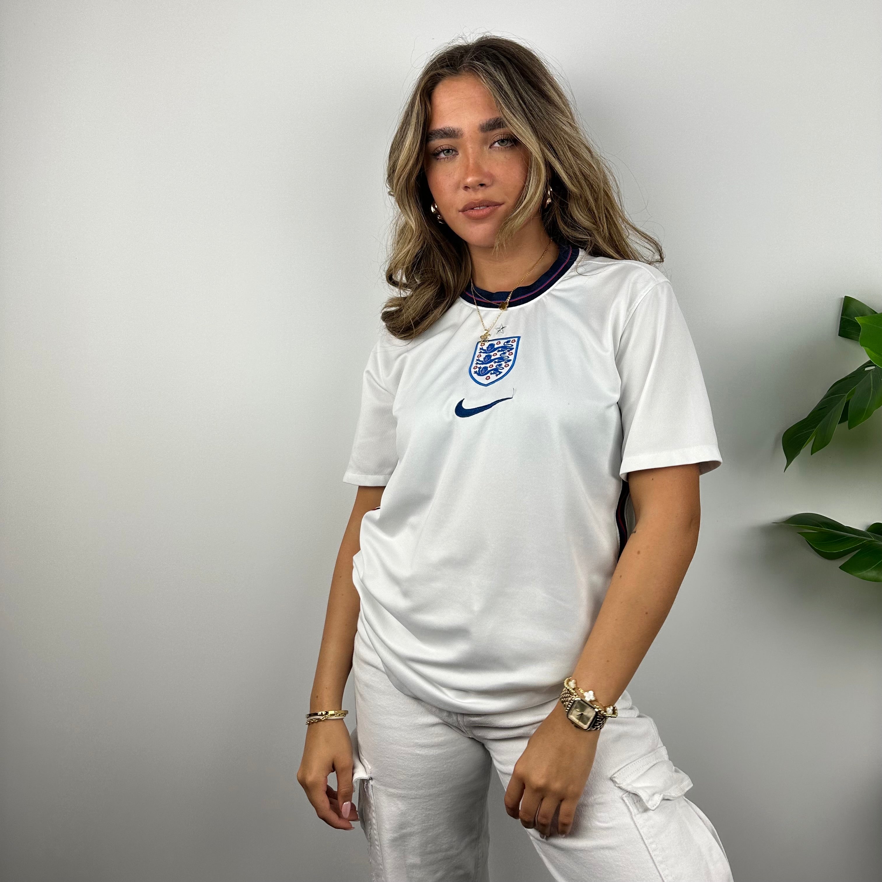 Nike X England Football RARE White Embroidered Spell Out T Shirt (M)