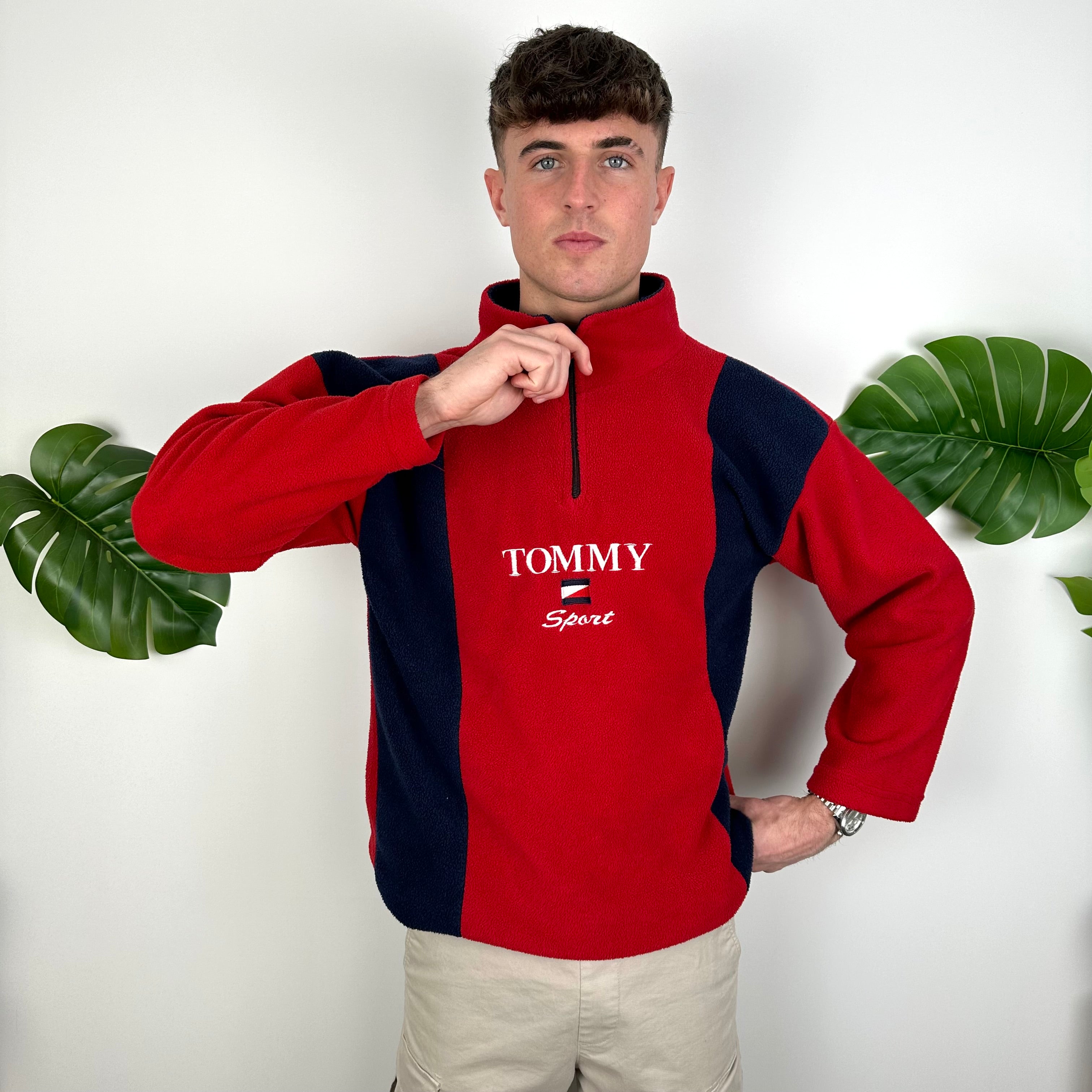 Tommy Hilfiger Red Embroidered Spell Out Teddy Bear Fleece Quarter Zip Sweatshirt (M)