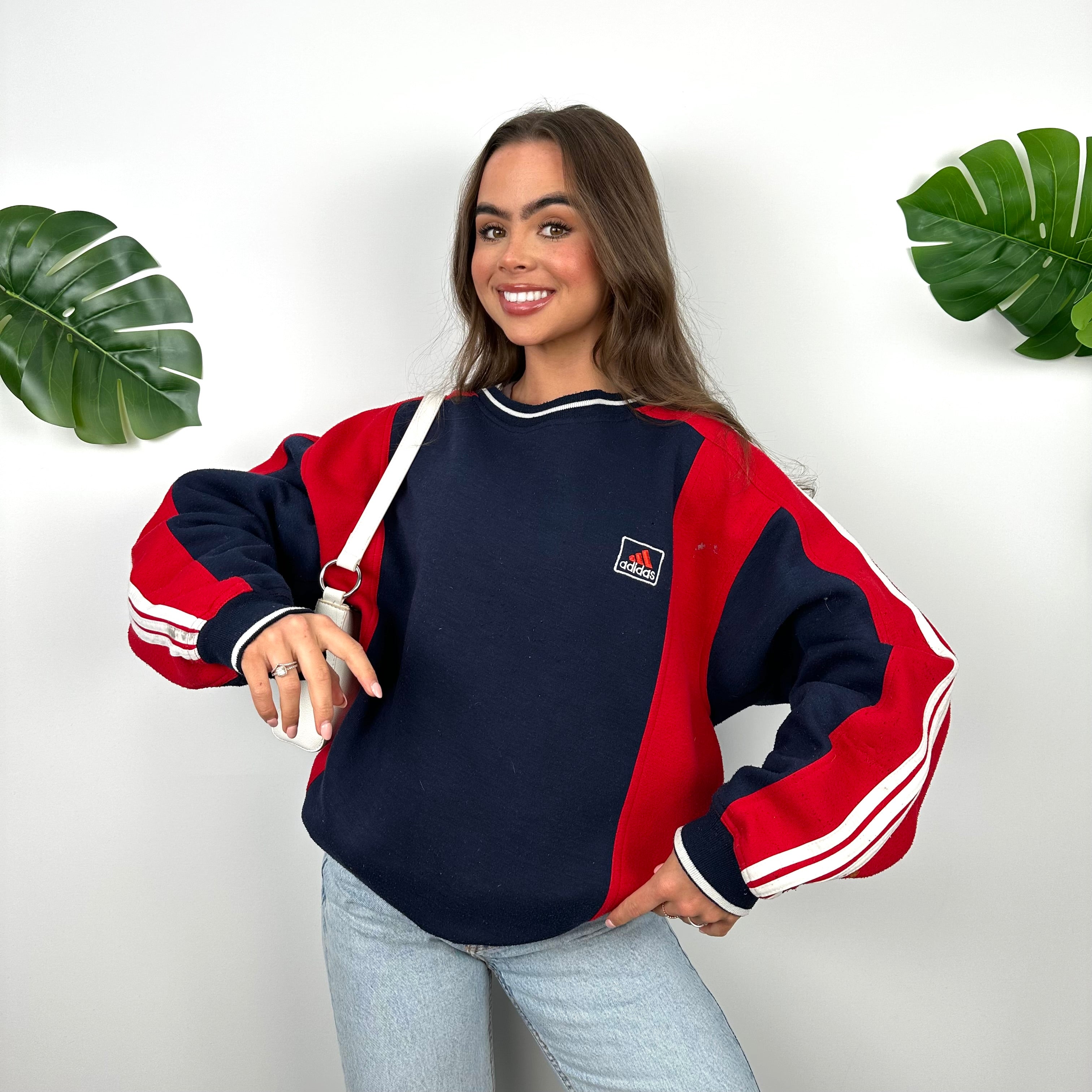 Adidas Navy and Red Embroidered Spell Out Sweatshirt (L)